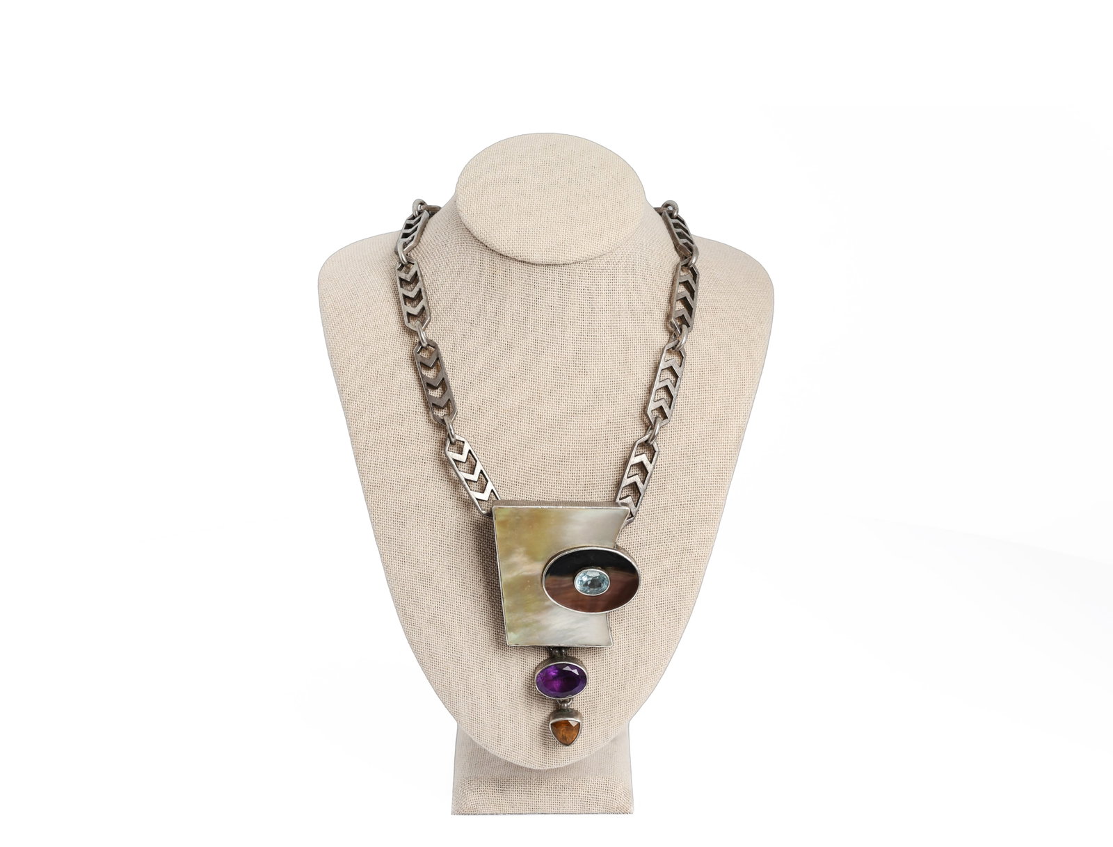 Modernist Sterling Silver, Mother-of-Pearl & Gemstone Necklace (1 of 6)