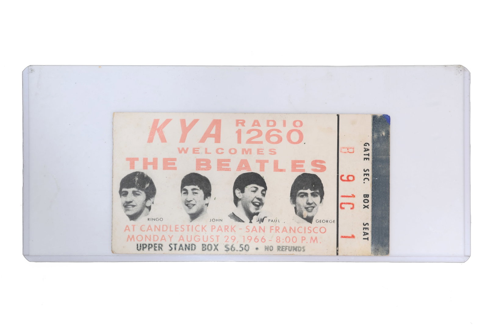 The Beatles 1966 Candlestick Park Concert Ticket, KYA Radio 1260, San Francisco (1 of 3)