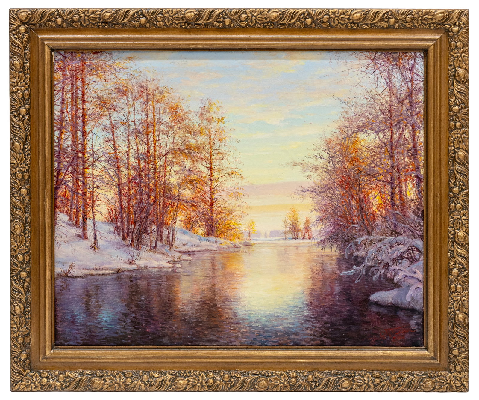 Yuriy Poslak, Winter River Landscape, Oil on Canvas Painting: Artist, Year, Title: Yuriy Poslak (Russian-American), Winter River Landscape, Highwaymen Style Origin: Florida, USA Medium: Oil on Canvas Dimensions: 25" x 29" w