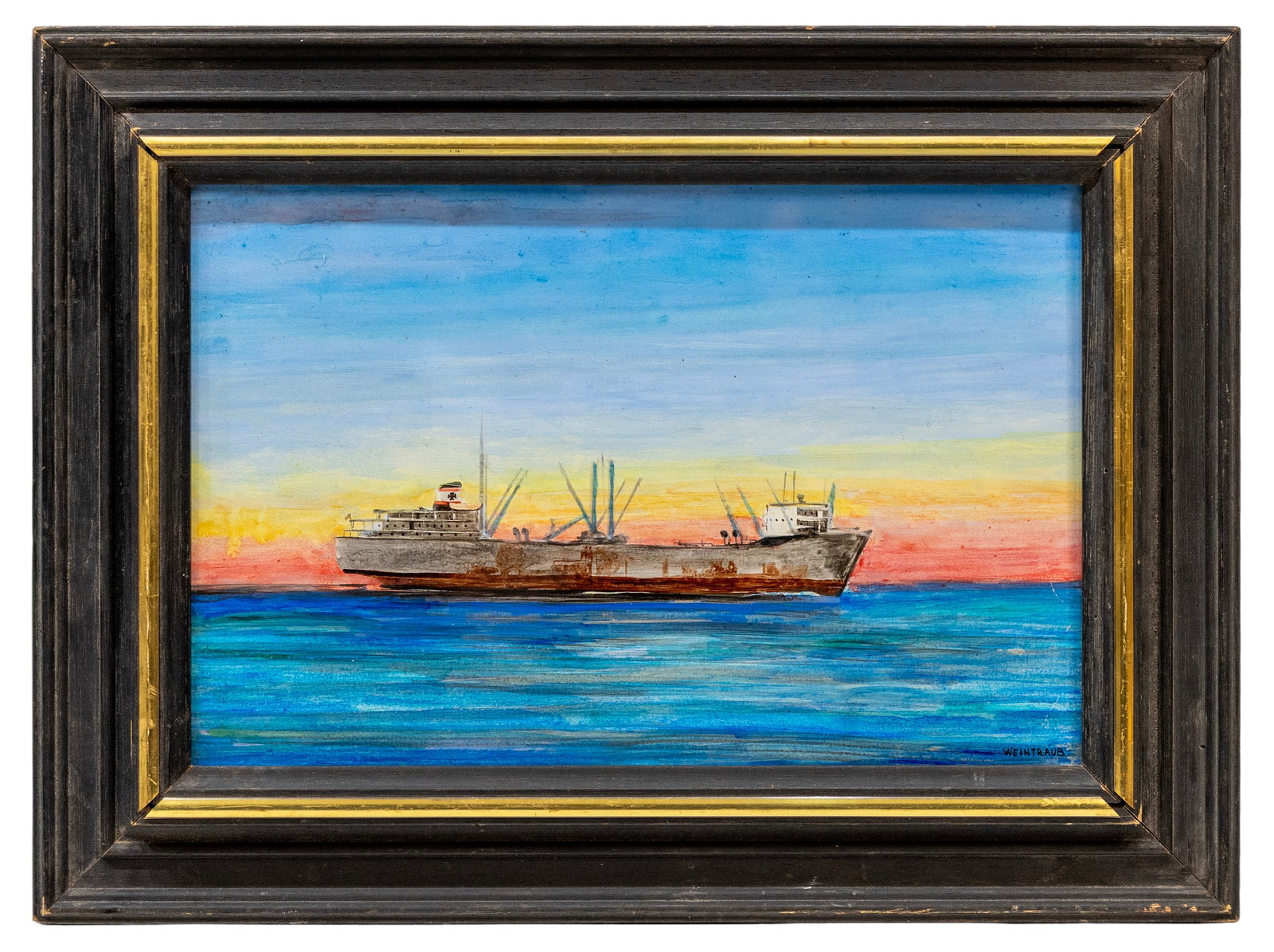 Herbert Weintraub (American, 1934-2019) Fishing Boat, Oil on Board: Artist, Year, Title: Herbert Weintraub (American, 1934–2019), Cargo Ship at Sunset Medium: Oil on Board Dimensions: Framed 15.5" × 11.5" Provenance: