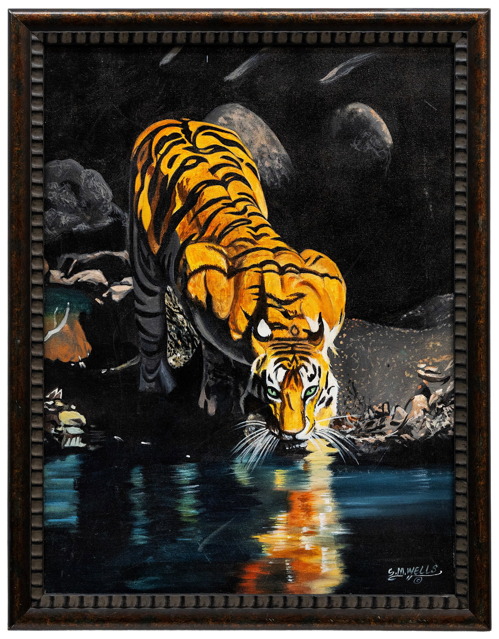 S.M. Wells (American, Florida Highwaymen) Tiger at the Water's Edge, Oil on Canvas: Artist, Year, Title: S.M. Wells (American, Florida Highwaymen), Tiger at the Water's Edge Medium: Oil on Canvas Dimensions: Framed 20.5" × 27", unframed 18" × 24"