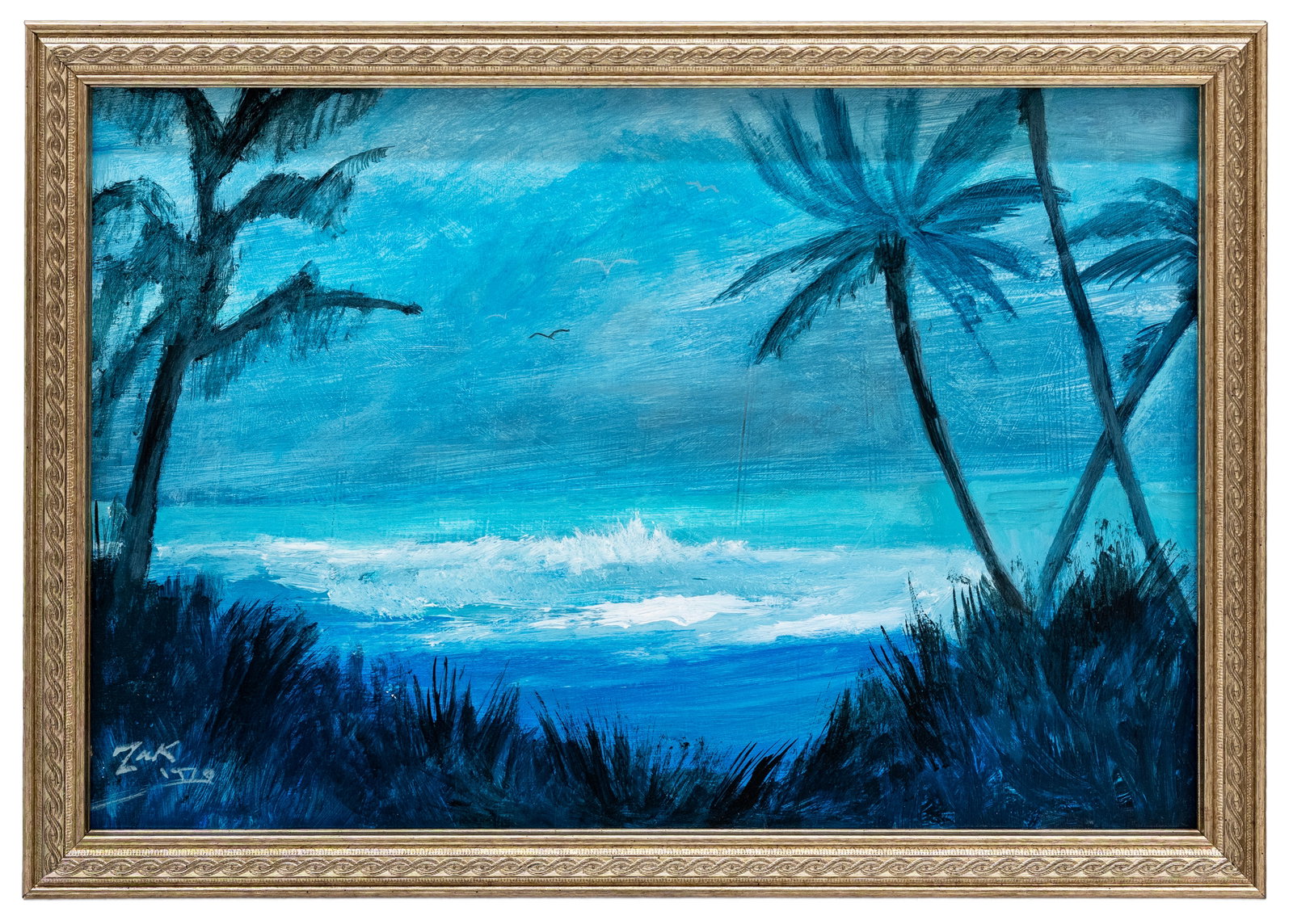 Florida Highwaymen Style, 1970s, Blue Coastal Marine Landscape with Palms: Artist, Year, Title: Florida Highwaymen School, 1970s, Blue Coastal Marine Landscape with Palms Origin: United States, Florida Medium: Oil on board Dimensions: 1