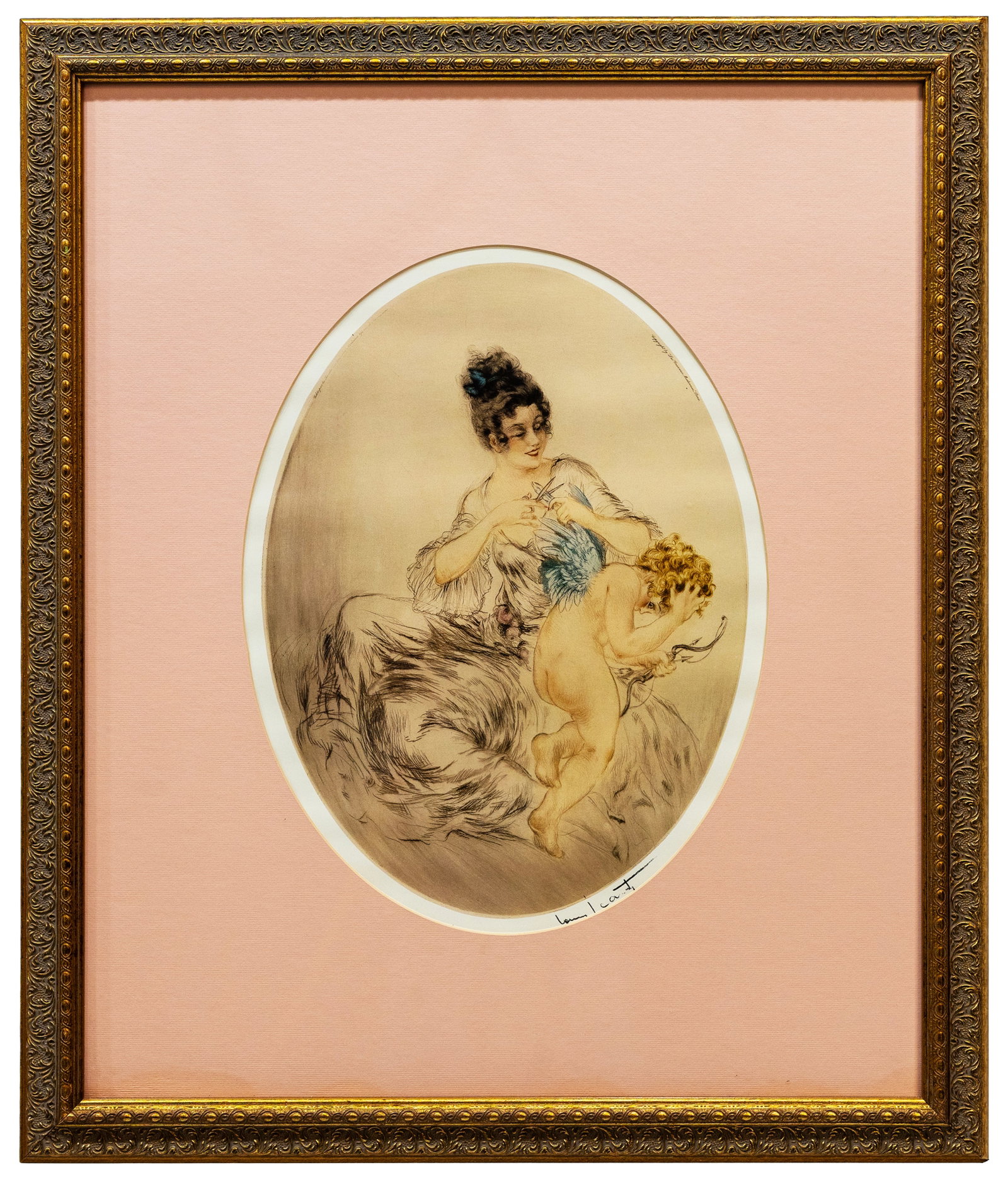 Louis Icart (French 1888-1950) Clipped Wings, Color Lithograph: Artist, Year, Title: Louis Icart (French, 1888–1950) Clipped Wings Medium: Color Lithograph Dimensions: Framed 22.5" × 27" Provenance: Private collection, United