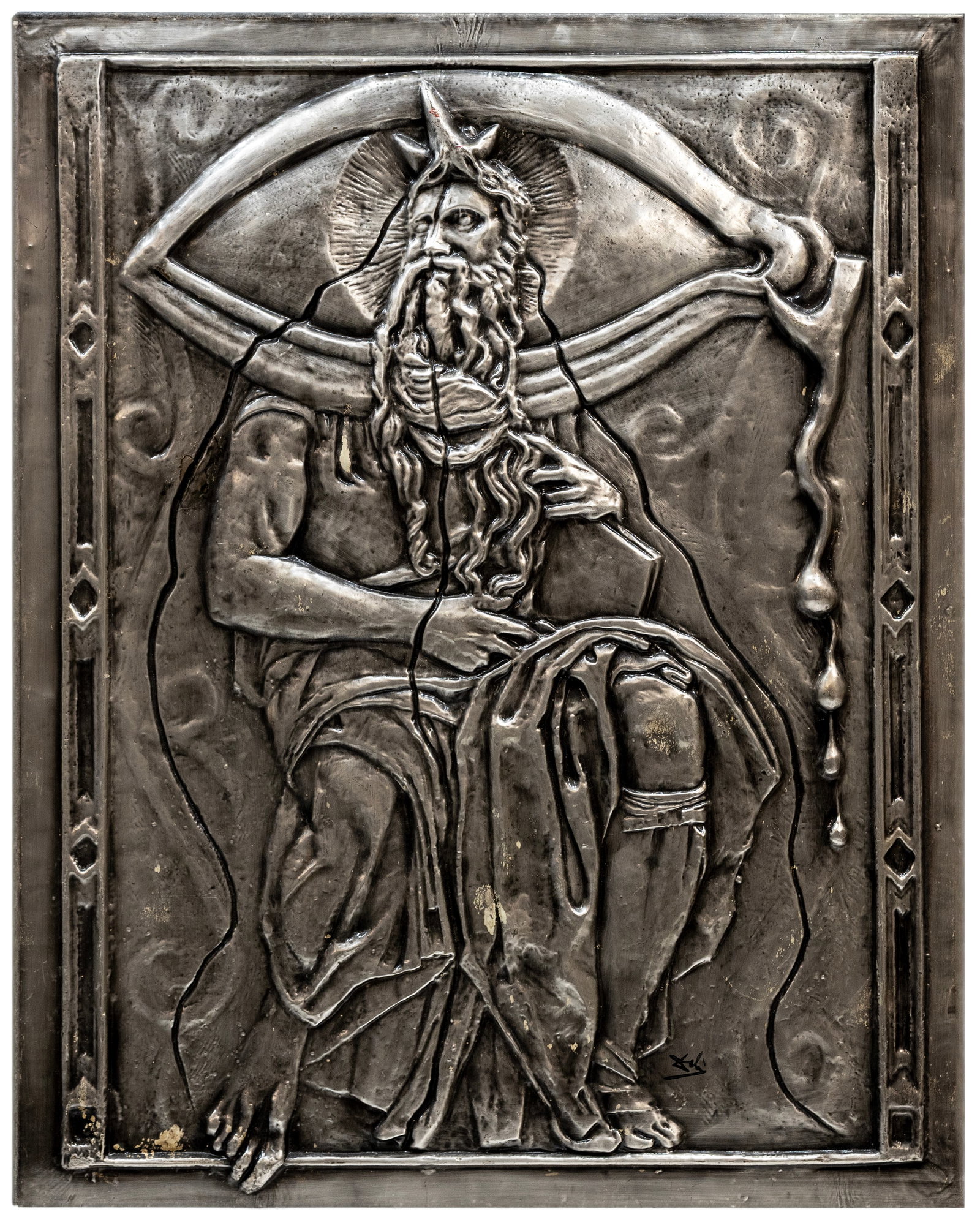 Salvador Dali (Spanish) Moses and Monotheism, Silvered Bas-Relief Sculpture Plaque: Artist, Year, Title: Salvador Dali (Spanish, 1904-1989), Moses and Monotheism, c. 1975 Medium: Silvered Bas-Relief Sculpture Plaque Dimensions: 27.5 x 21.5 in. Additional