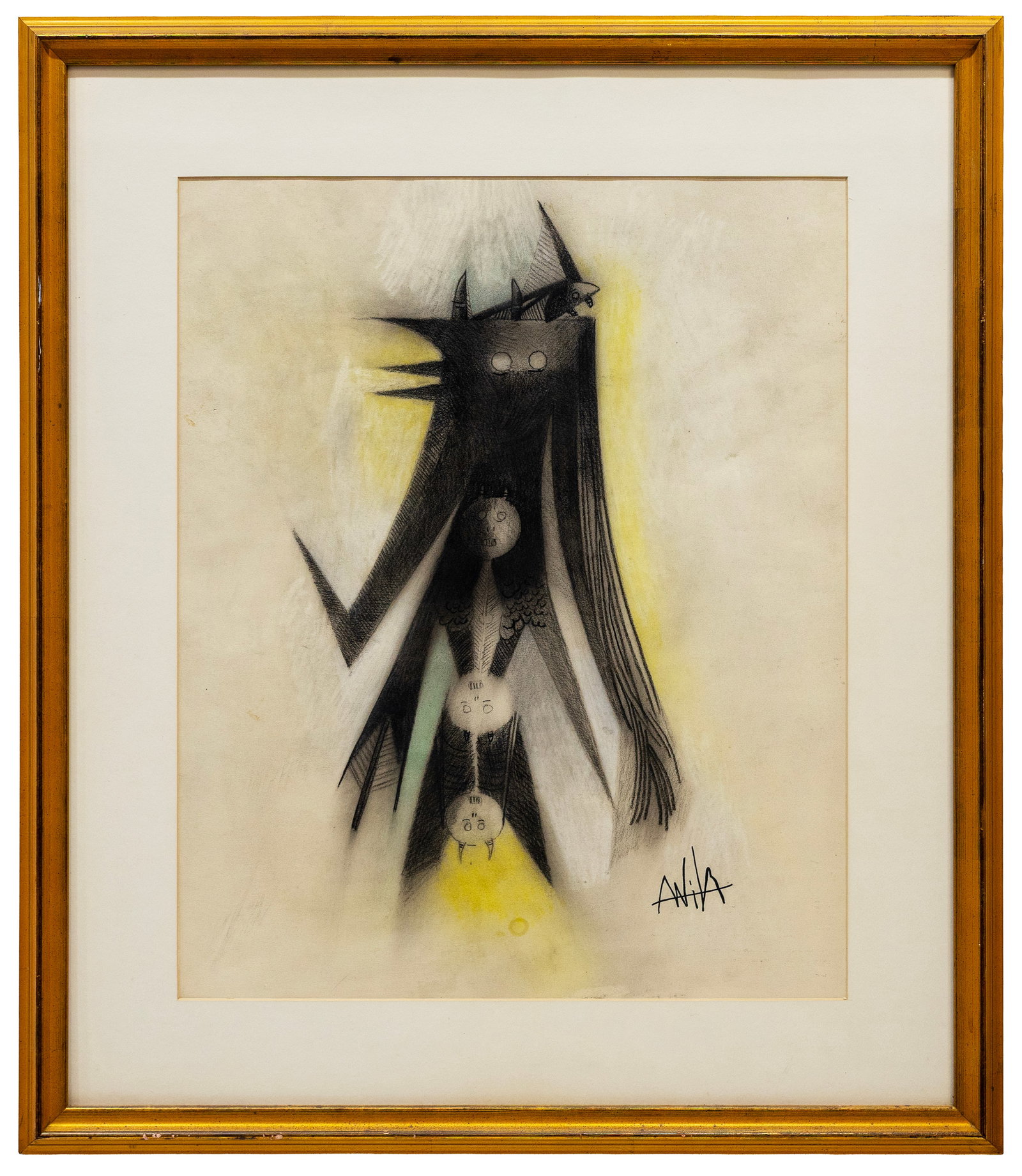 Wifredo Lam (Cuban) Mixed Media on Paper: Artist, Title, Year: Wifredo Lam (Cuban, 1902–1982) Anthropomorphic Figures Medium: Mixed Media on Paper Dimensions: Framed 26 x 30 in. Additional Information: