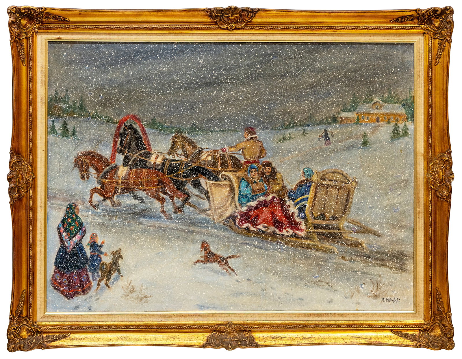 Boris Vassiloff (Russian/American), Winter Troika Scene, Oil on Canvas: Artist, Title, Year: Boris Vassiloff (Russian/American, 1901–2000), Winter Troika Scene Medium: Oil on canvas Dimensions: Canvas: 39.5 x 29.5", Framed: 47 x 37" Provenanc