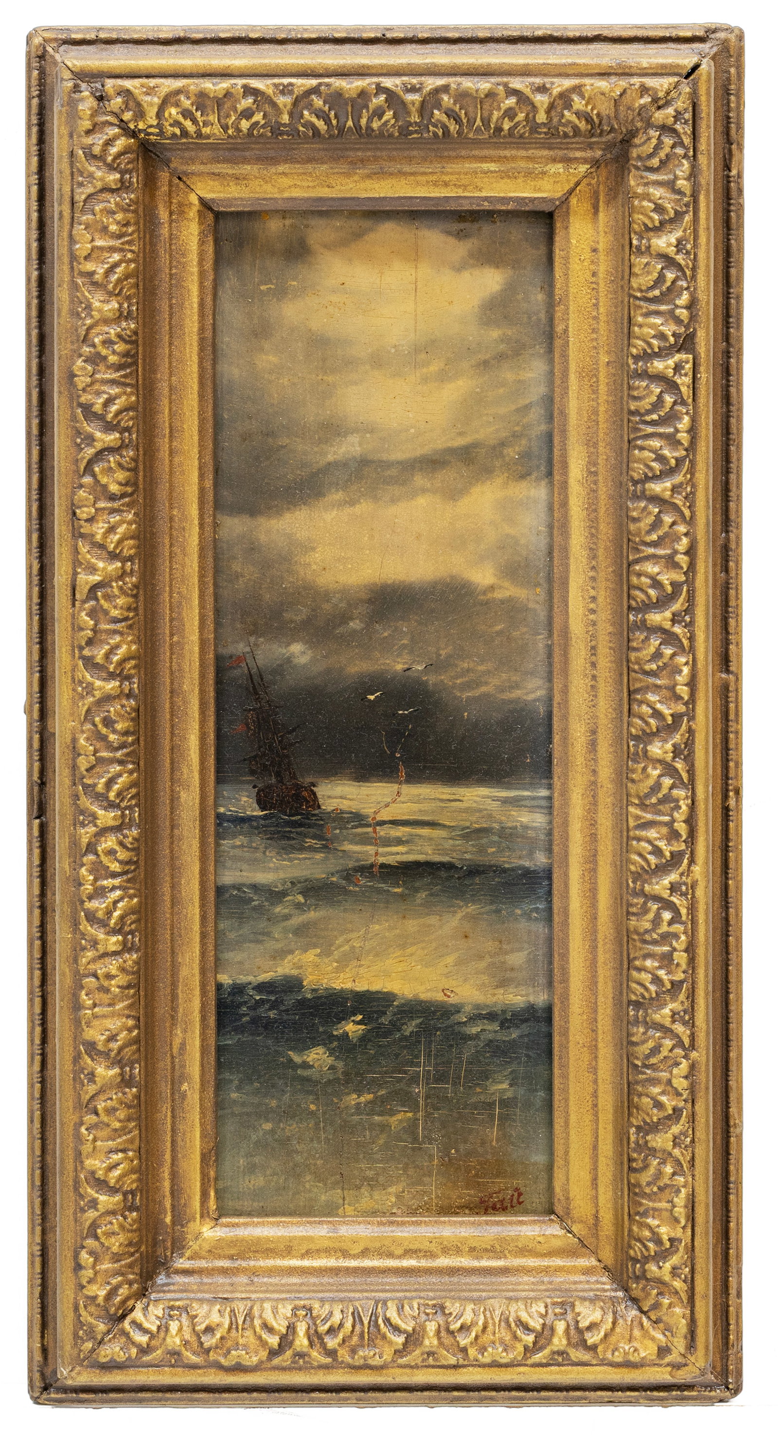 Sign Gai (Ivan Aivazovsky), Moonlit Marine Scene with Sailing Vessel: Artist, Year, Title: Sign "Gai". Abbreviated Ivan Aivazovsky (Russian, 1817-1900), Moonlit Marine Scene with Sailing Vessel Medium: Oil on Wood Panel Dimensions: 8.5" x 16.5" with fram