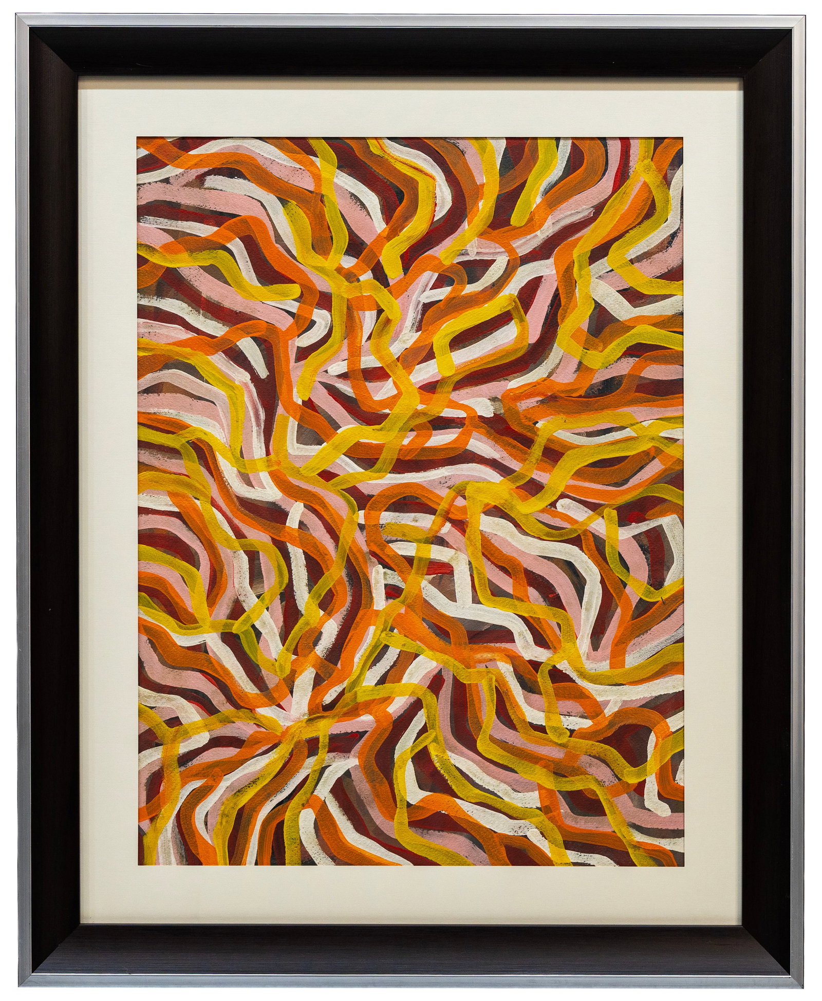 Emily Kame Kngwarreye (Australian) Acrylic on Paper: Artist, Title, Year: Emily Kame Kngwarreye (Australian, 1910–1996) Medium: Acrylic on Paper Dimensions: With frame: 25 x 31 in. Sight: 22 x 28 in. Provenance: Pr