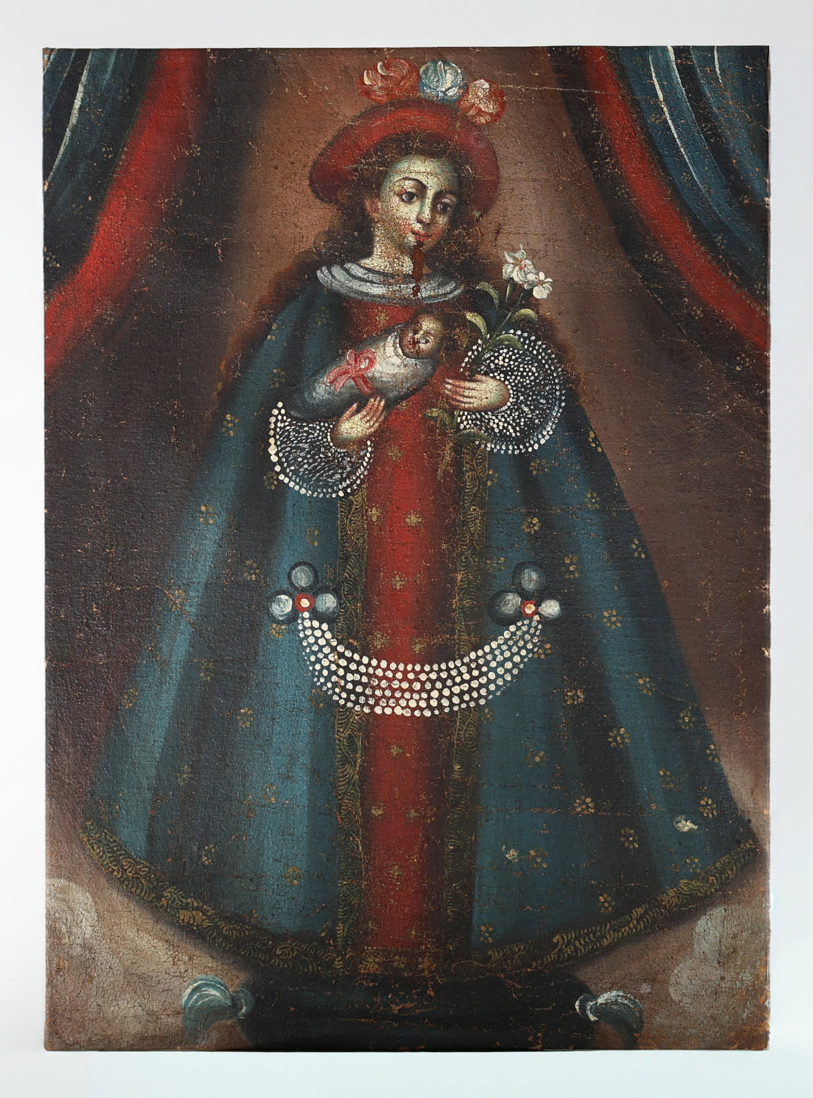 Cuzco School (Peruvian Colonial School) Virgin of Bethlehem, 18th Century: Artist, Title, Period: Cuzco School (Peruvian Colonial School), Virgin of Bethlehem (Virgen de Belén), 18th Century Medium: Oil on Canvas Dimensions: 26 x 18.5 in.