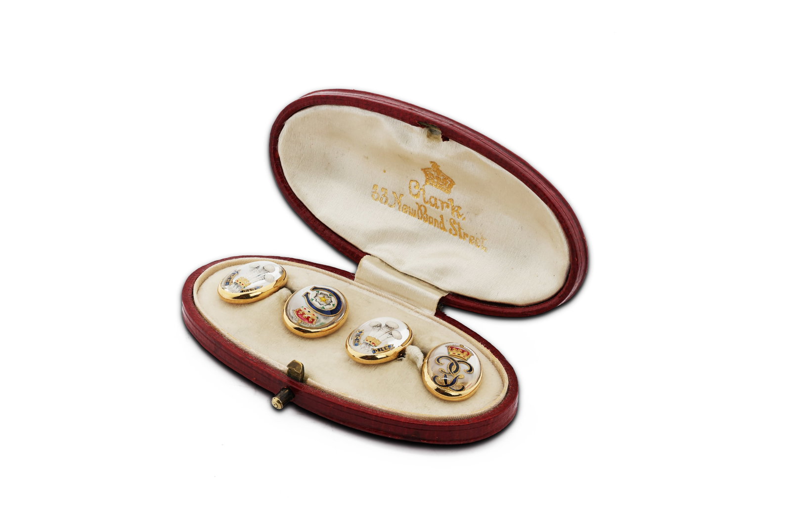 Antique British Royal Presentation Enamel Cufflinks in Clark New Bond Street Case: Title: Antique British Royal Presentation Enamel Cufflinks in Original Clark New Bond Street Case Origin, Year: England, Late 19th – Early 20th Century Materials: Gold-tone metal, hand