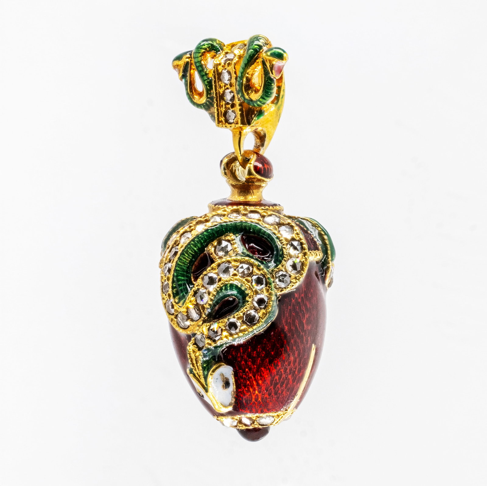 Russian 14K Gold Enamel Pendant Egg Faberge Era Snake Head, Diamonds & Ruby: Title: Russian 14K Gold Enamel Pendant Egg with Snake Head, Diamonds & Ruby Materials: 14K gold (56 zolotnik standard), Enamel Gemstones: Diamonds set in the snake head, One Ruby