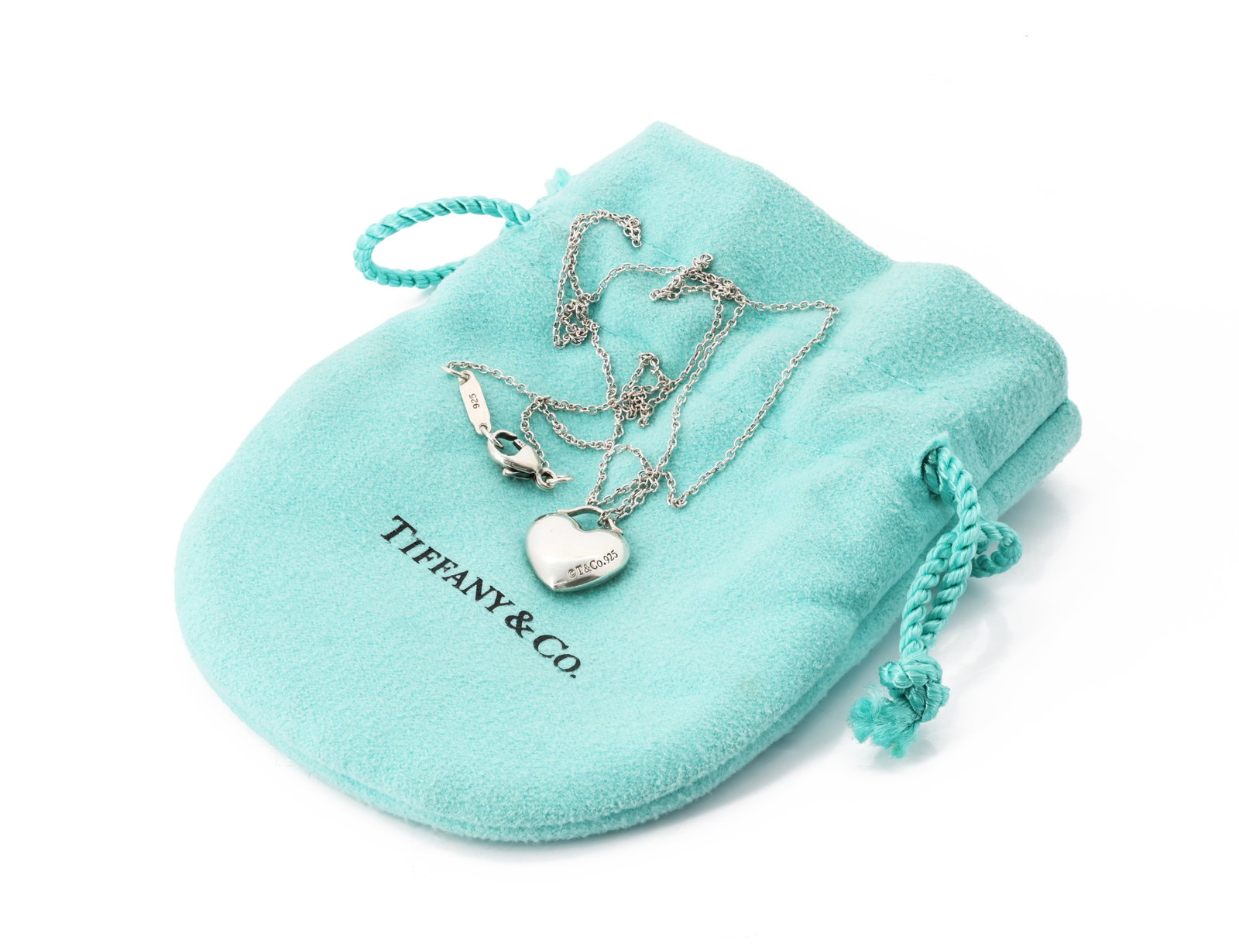 Tiffany & Co. Puffed Heart Necklace Sterling Silver: Title: Tiffany & Co., Vintage, Puffed Heart Necklace. Medium: Sterling Silver 925 Dimensions: Pendant 0.5 x 0.5 in.; Chain length 17 in. Weight: 4.20 g.