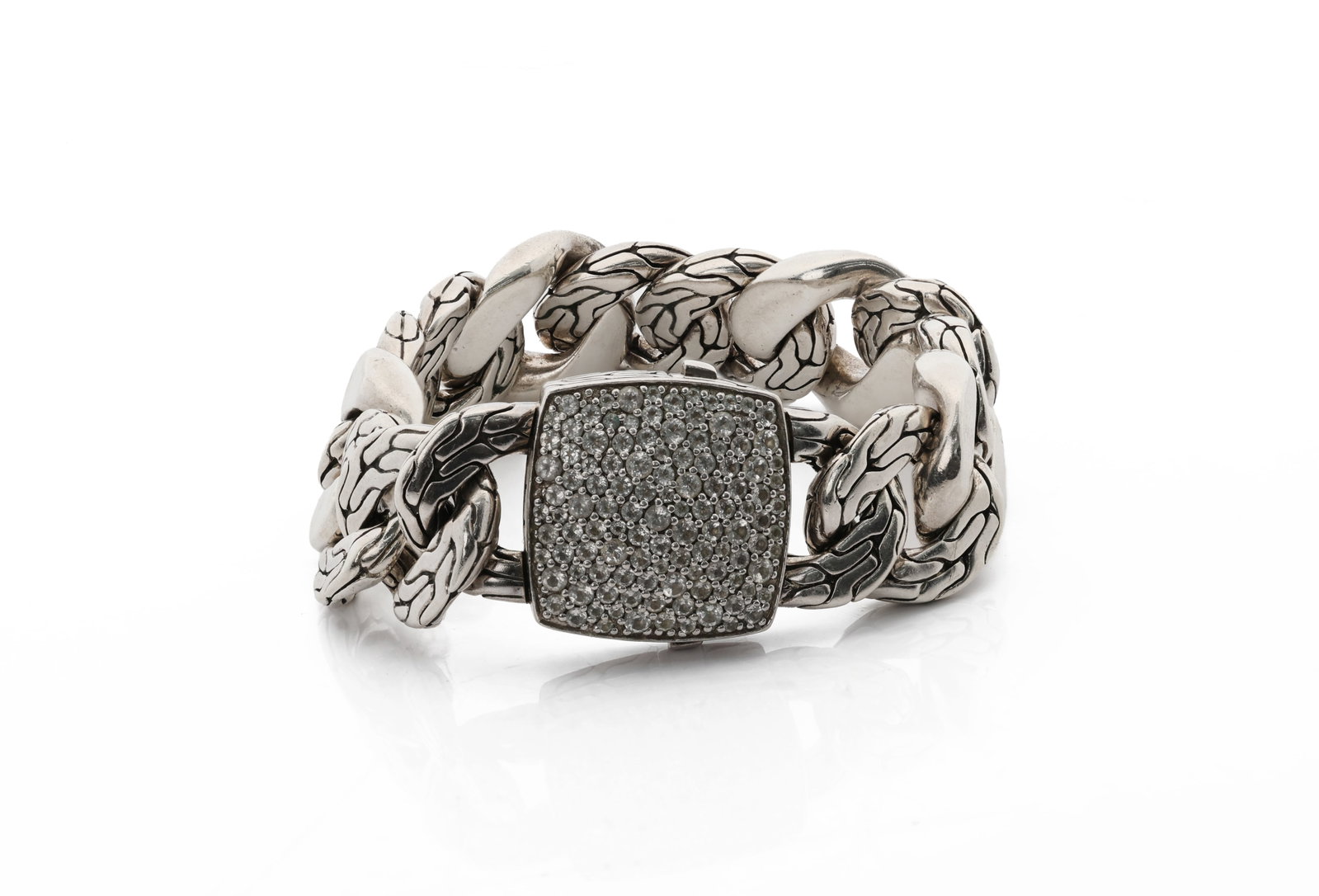 John Hardy, Lava Fire Link Bracelet with White Topaz: Title: John Hardy, Lava Fire Link Bracelet with White Topaz Medium: Sterling Silver 925 with Natural White Topaz Dimensions: Inner circumference 7 in. Total length 8 in.; Width approx.