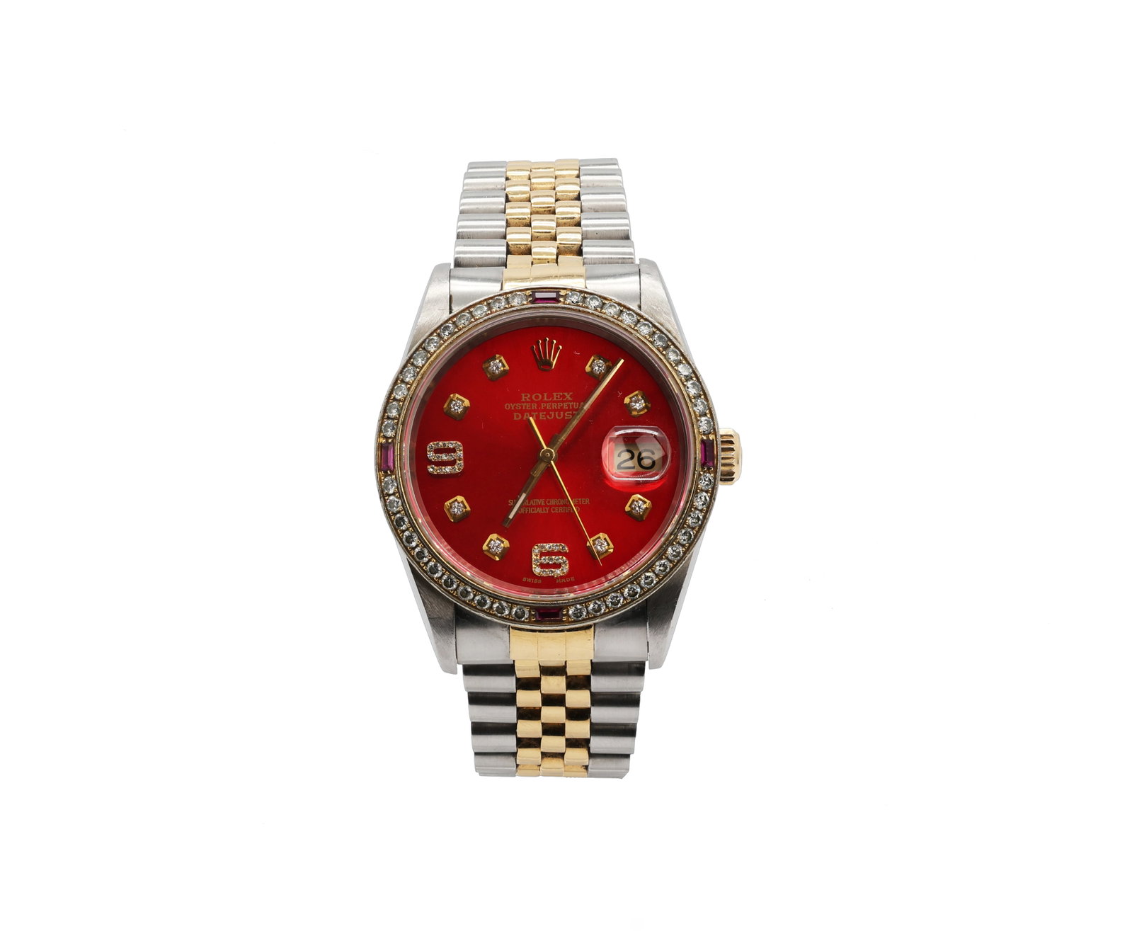Rolex Datejust 18K Two-Tone 36mm 16233 Custom Red Diamond Dial Watch: Brand: Rolex Datejust 18K Two-Tone Ref. 16233 Year: 1980-1989 Case: 36mm stainless steel and yellow gold Oyster case Movement: Rolex automatic movement
