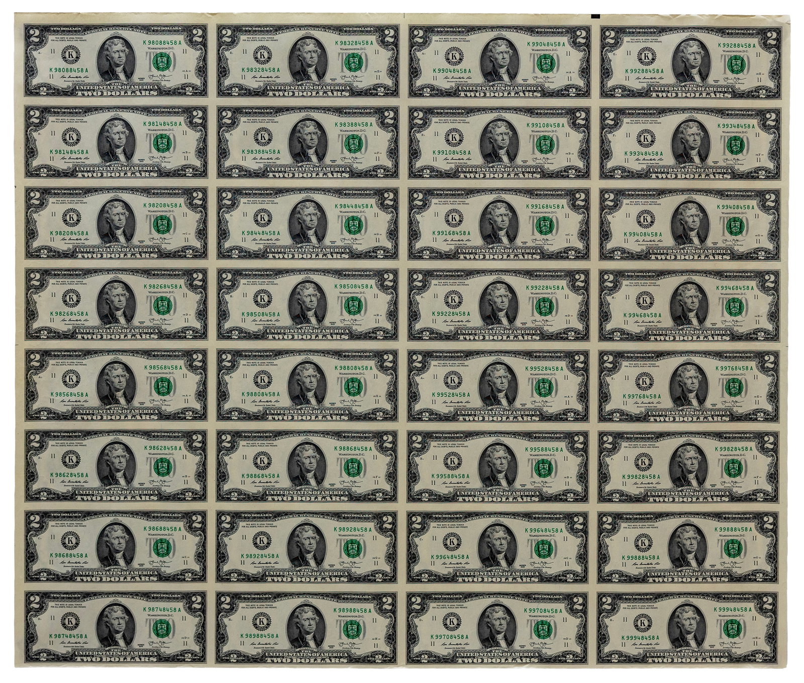 2013 United States $2 Federal Reserve Notes Uncut Sheet of 32 Consecutive Notes (1 of 10)