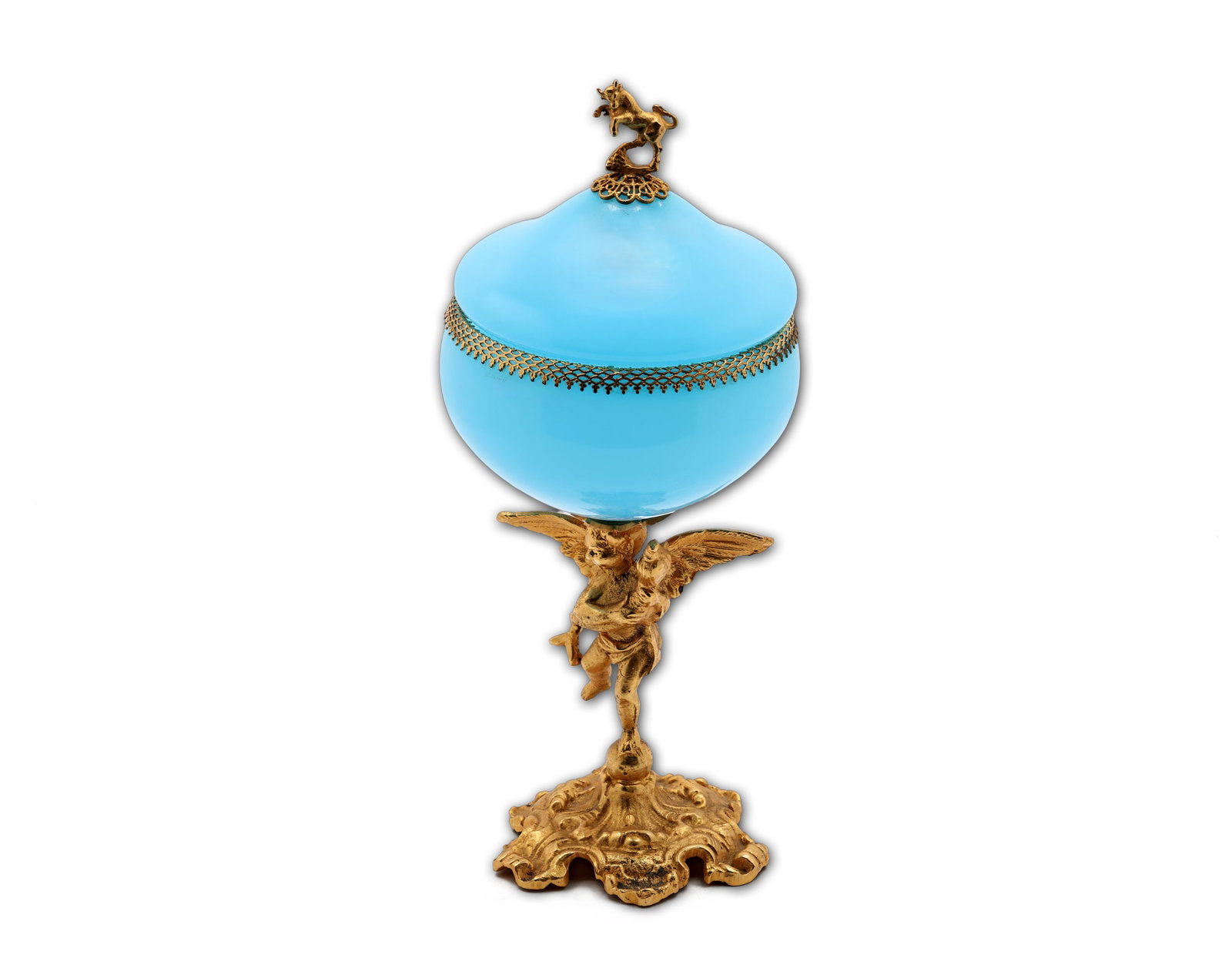Blue Opaline Glass Covered Compote with Gilt Cherub Stand, Victorian style (1 of 11)