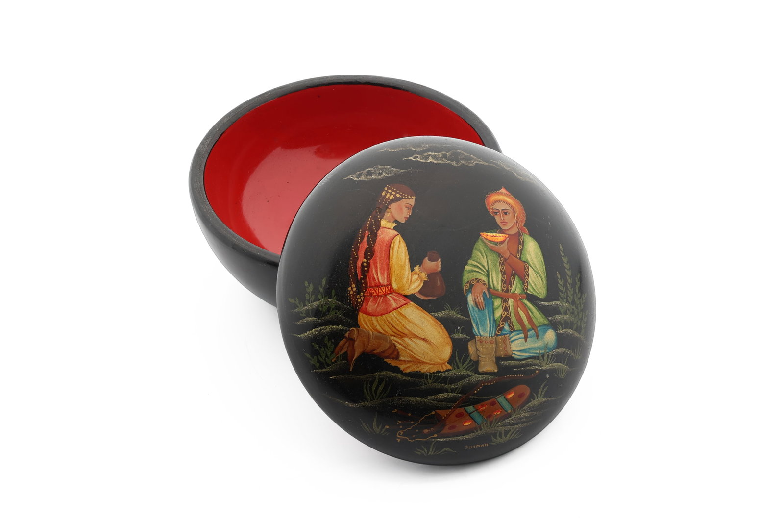Vintage Soviet Bashkir Lacquer Box The Treat by Zigman - Agidel Ass. Ufa: Title: Vintage Soviet Bashkir Lacquer Box "The Treat" by Zigman Agidel Ass. Ufa Circa: 1987. Materials: Wood Dimensions: 3 x 2 in Weight: 55.2