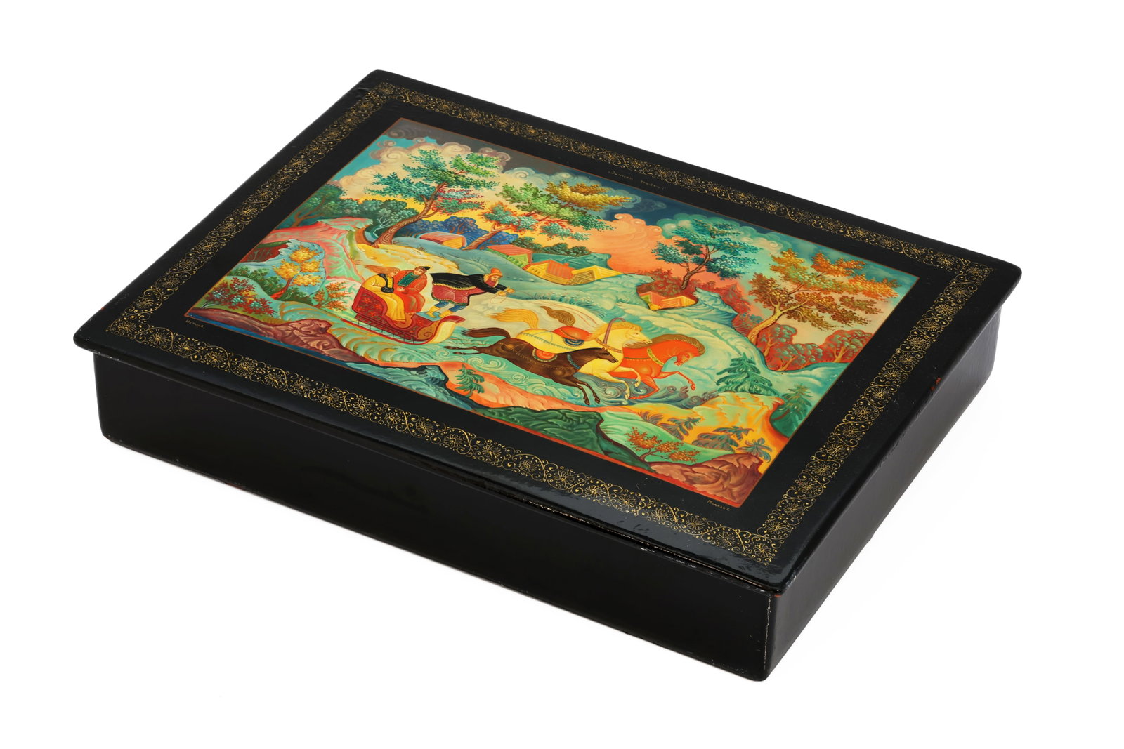 Large Russian Mstera Lacquer Box Winter Troika by T. Milova (1 of 9)