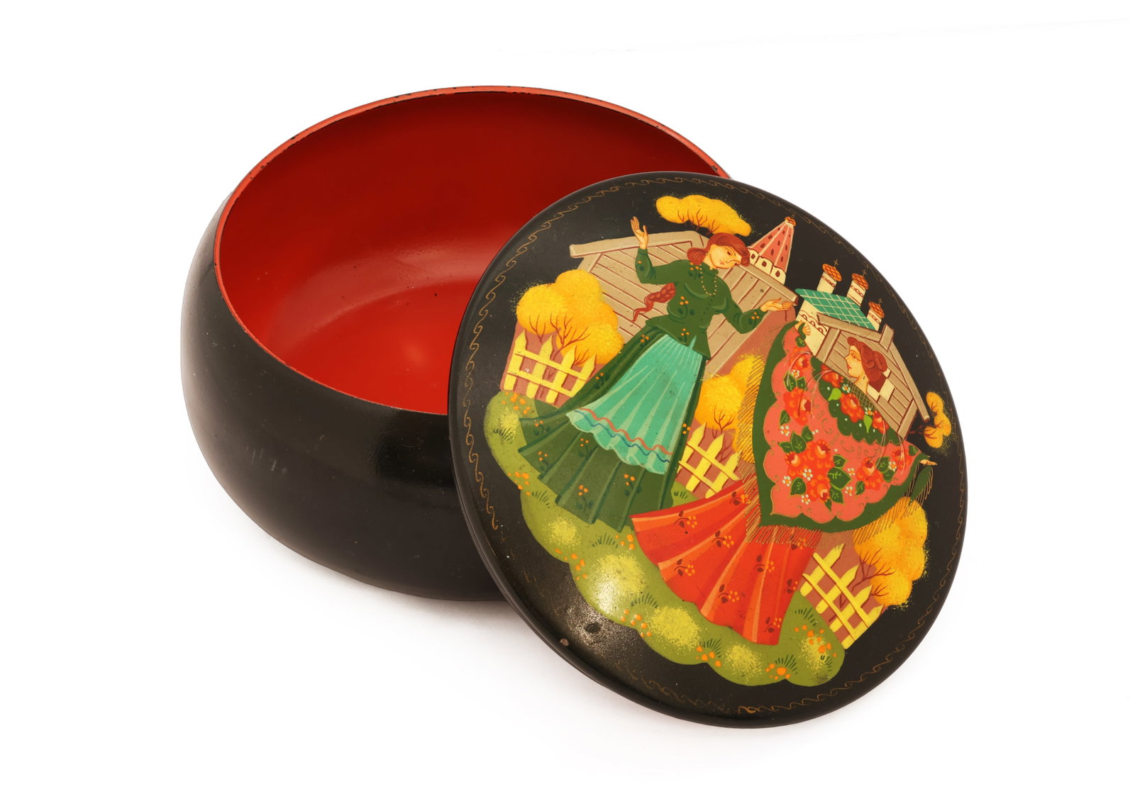 Vintage Soviet Russian Metal Lacquer Box Village Gossip Folk Scene (1 of 4)