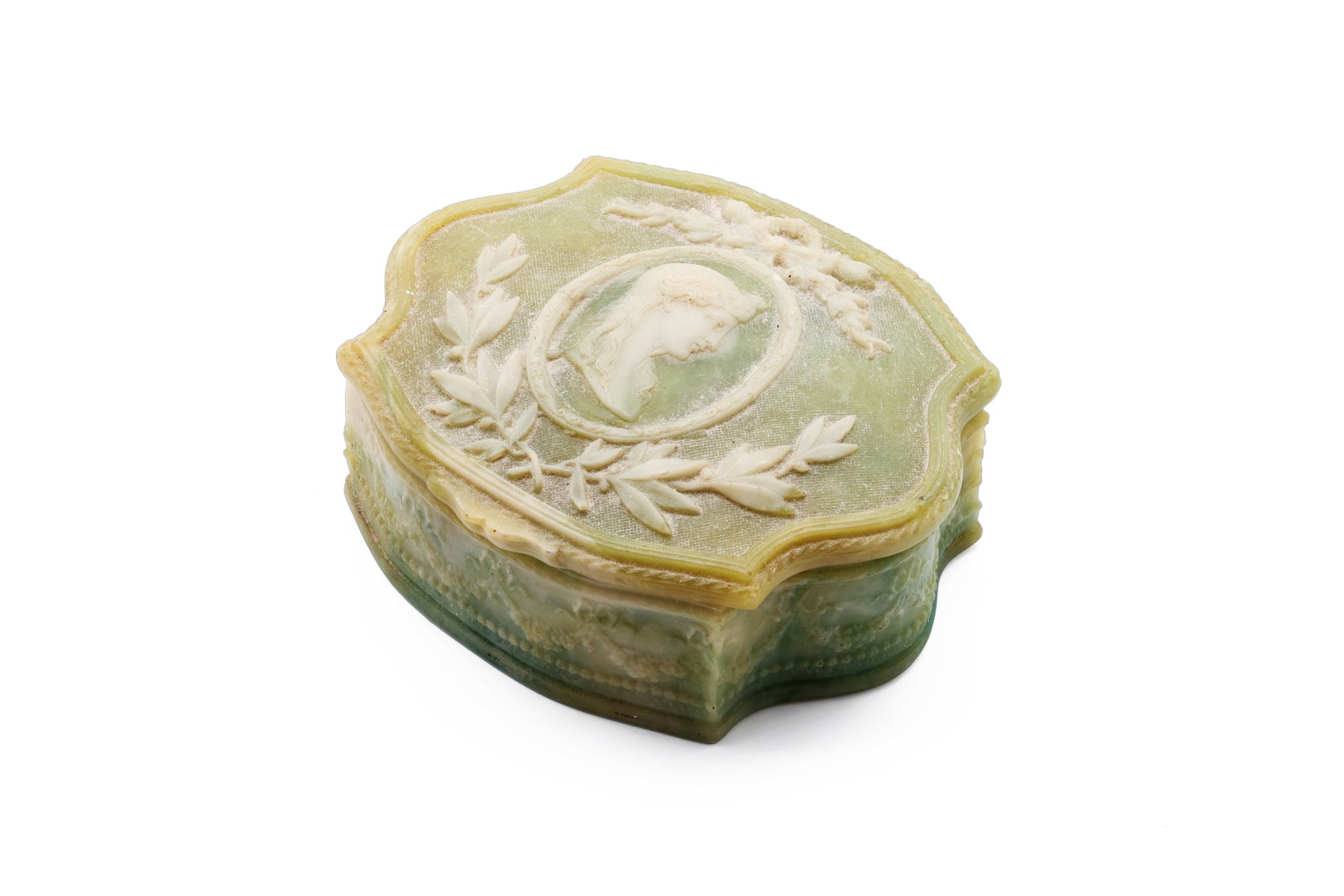 Vintage Incolay Stone Cameo Jewelry Casket with Classical Female Profile: Title: Vintage Incolay Stone Cameo Jewelry Casket with Classical Female Profile Circa: Late 20th century, circa 1970s?1990s Materials: Genuine Incolay stone composite, metal hinge, black