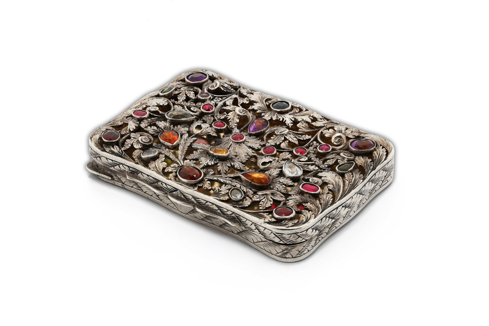 Italian 800 Silver Vermeil Compact Box with Jeweled Openwork Floral Lid, Florence 1930 (1 of 9)