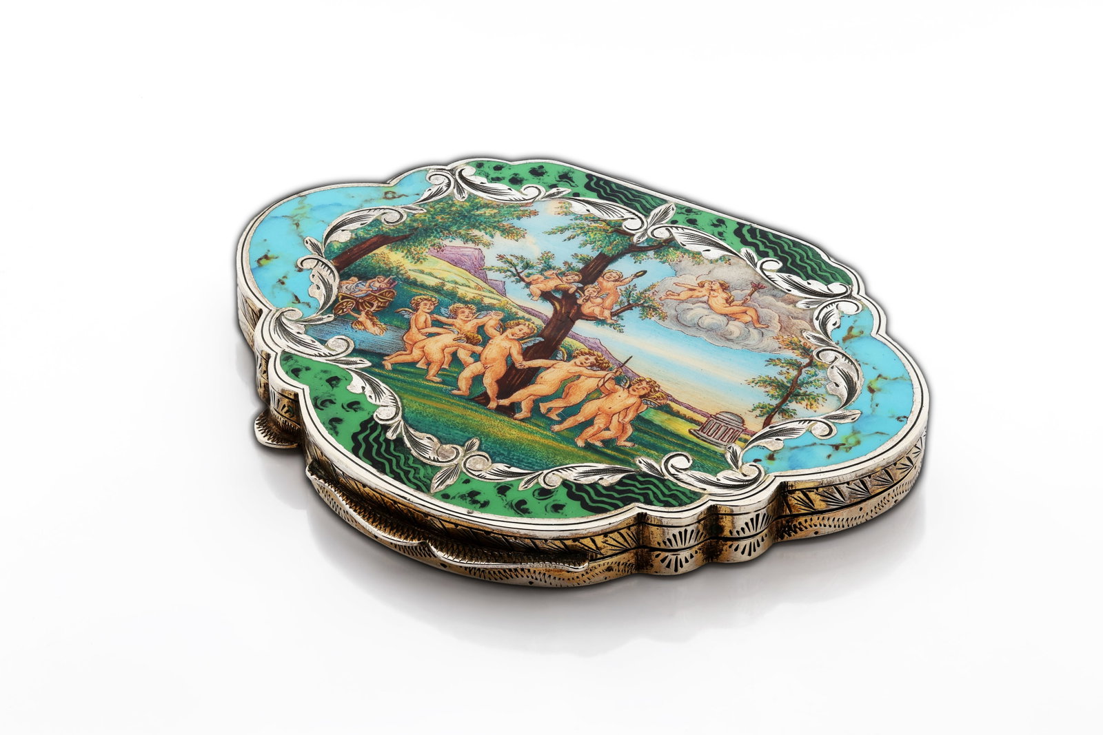 Italian 800 Silver Vermeil Compact with Miniature after Francesco Albani's Dance of the Cupids (1 of 6)