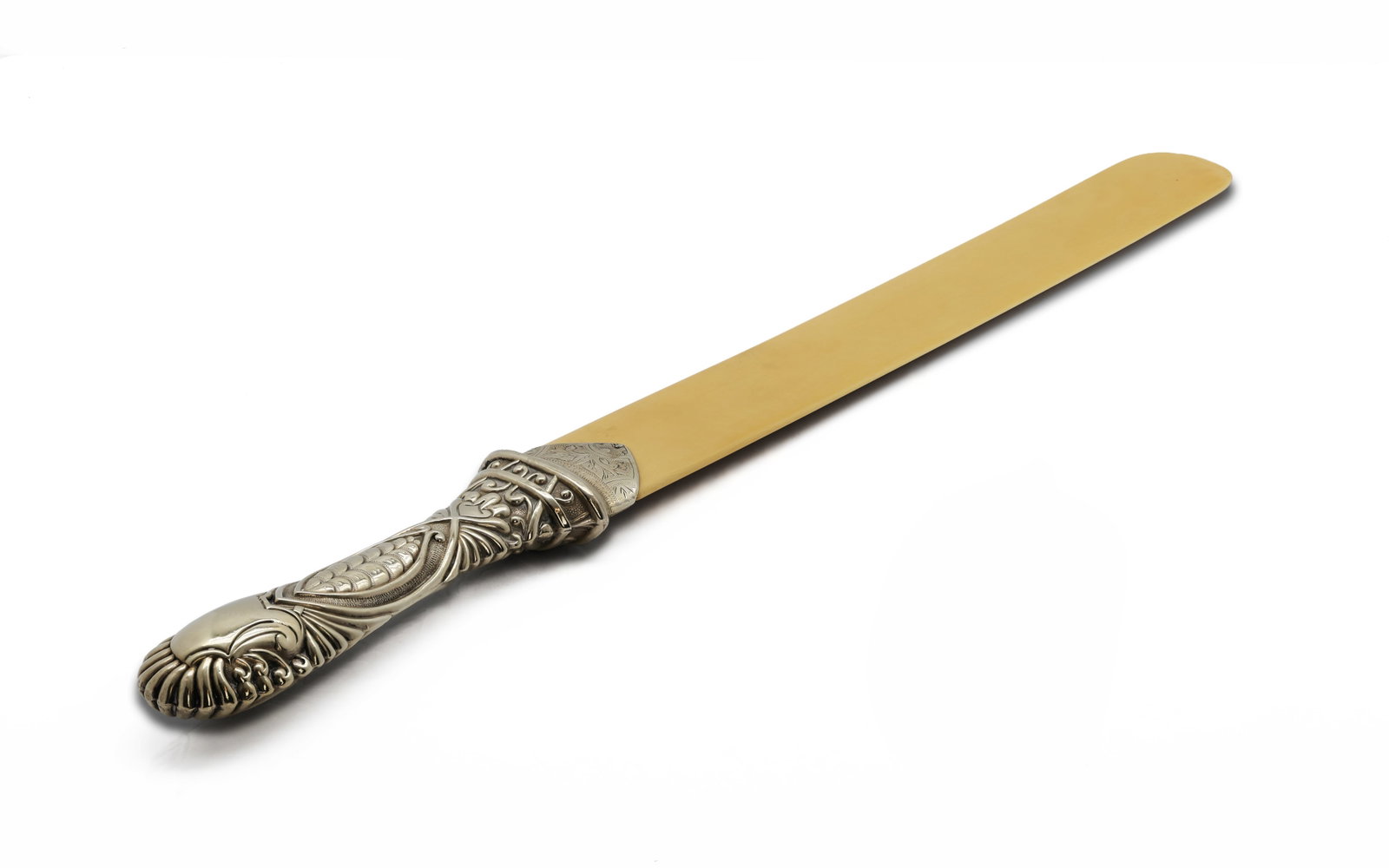 Antique Silver-Tone Carved Bone Page Turner / Letter Opener: Title: Antique Silver-Tone Carved Bone Page Turner / Letter Opener Circa: Late 19th to early 20th century Dimensions: Length 17 in. Total Weight: 170 grams (approx
