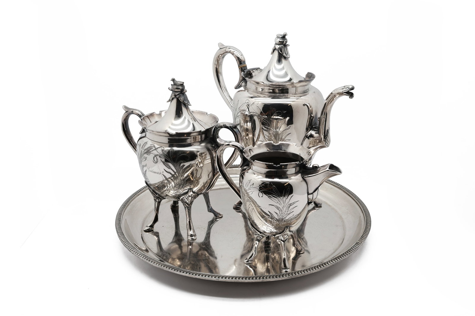 Antique Wilcox Gilmore Family Presentation Silver Plate Co. Aesthetic Movement Bird & Cattail (1 of 13)
