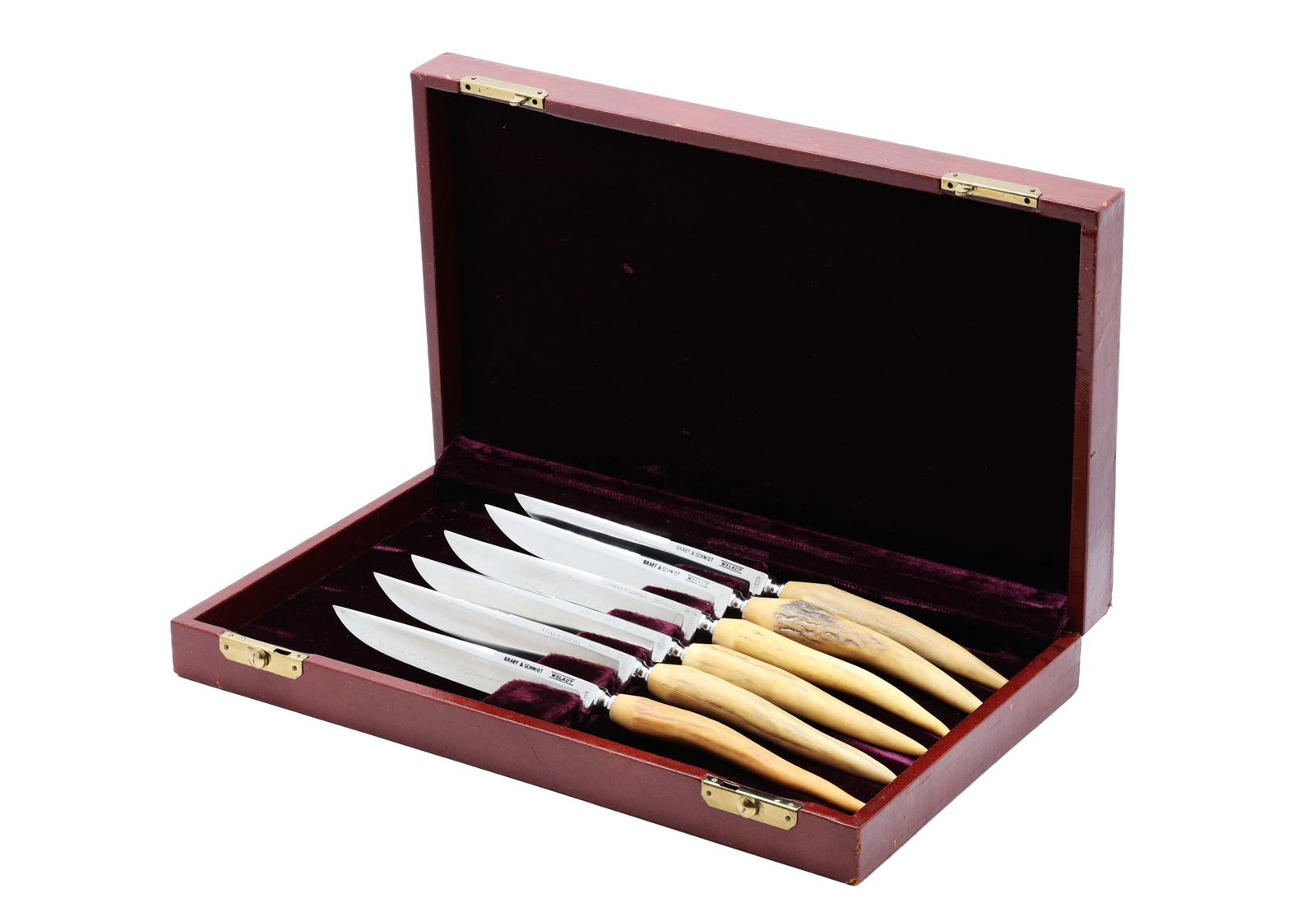 Set of Six Graef & Schmidt Welkut Stainless Steel Steak Knives with Antler-Form Handles in Fitted (1 of 10)