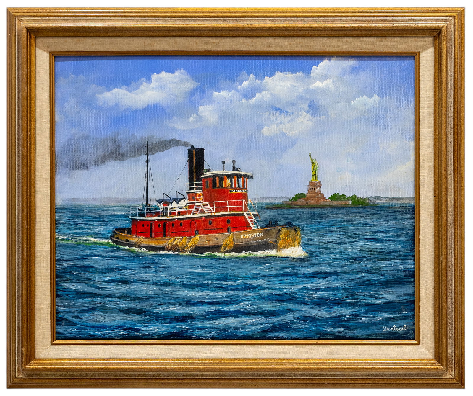 Herbert Weintraub (American, 1934-2019) Statue of Liberty, Oil on Board: Artist, Year, Title: Herbert Weintraub (American, 1934-2019), Tugboat Kingston & Statue of Liberty Origin: United States Medium: Oil on Board Dimensions: Framed: