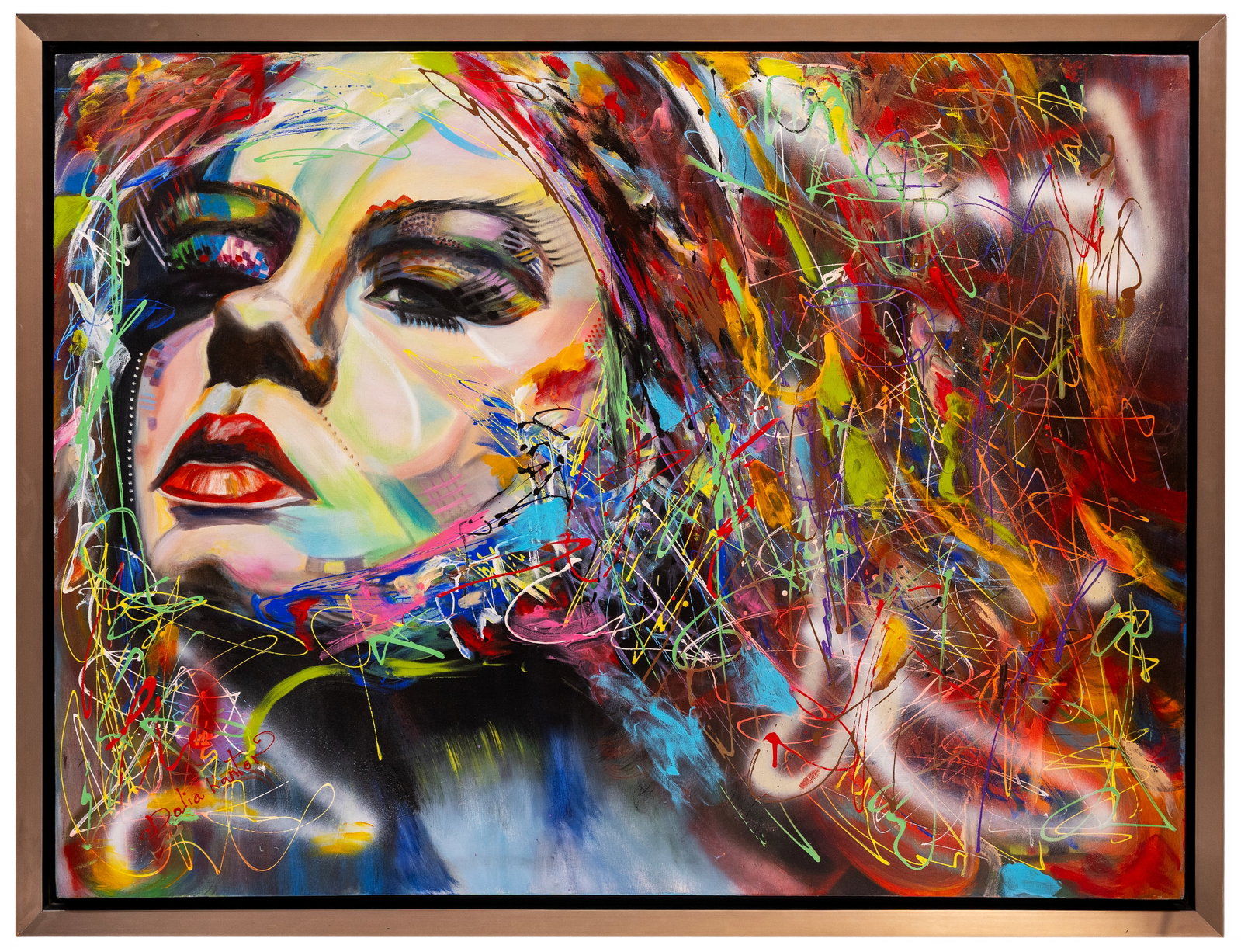 Dalia Kantor (Israeli-American) Female Portrait, Acrylic on canvas: Artist, Year, Title: Dalia Kantor (Israeli-American) Female Portrait Origin: United States Medium: Acrylic on canvas Dimensions: 51.5 x 37 in., framed