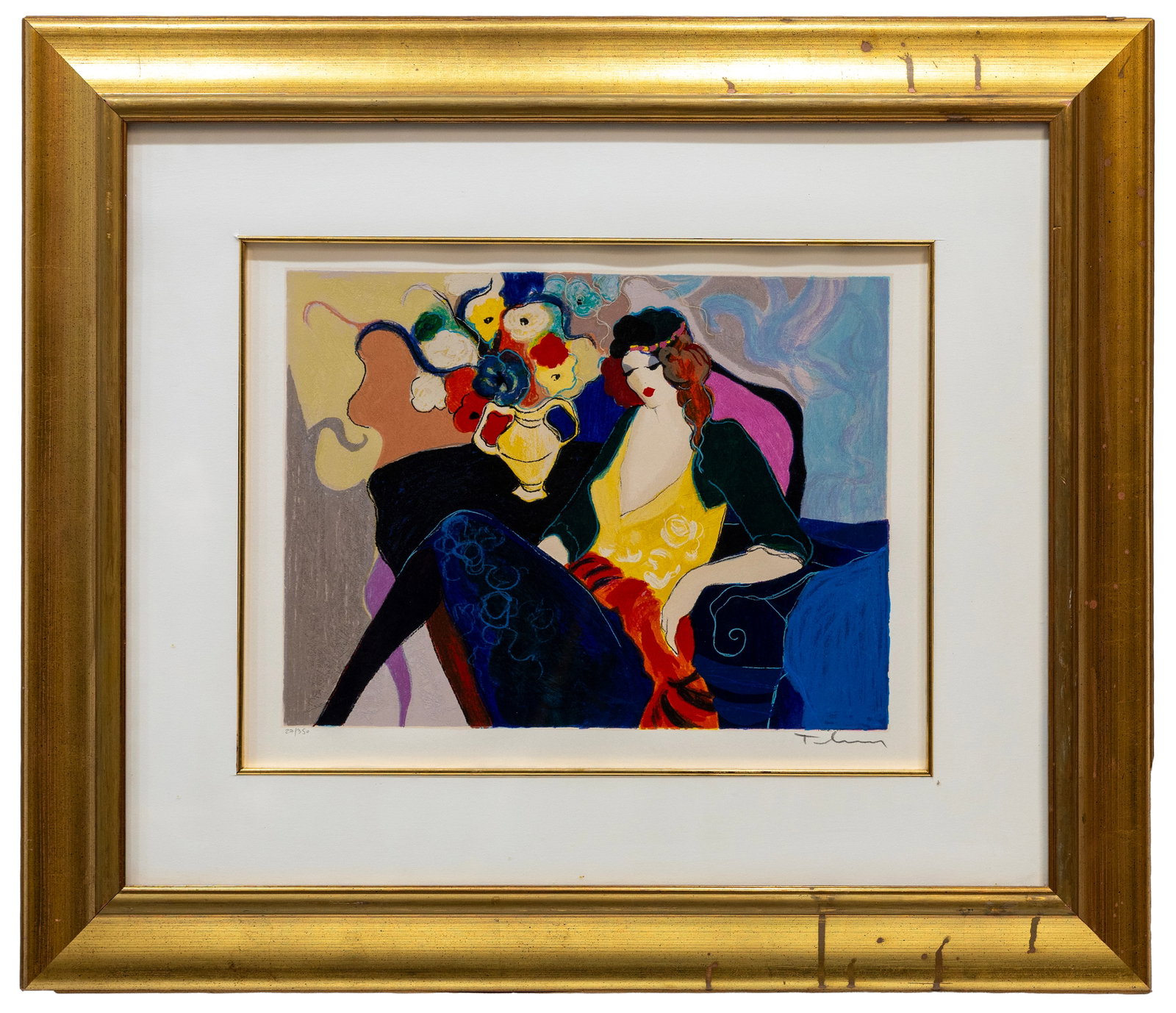 Itzchak Tarkay (Israel) Seated Woman with Floral Bouquet, Serigraph 27/350: Artist, Year, Title: Itzchak Tarkay (Israeli, 1935?2012), Contemporary, "Seated Woman with Floral Bouquet" Medium: Hand-Pulled Color Serigraph on Paper Dimensions: Framed 25.5" ? 29"</