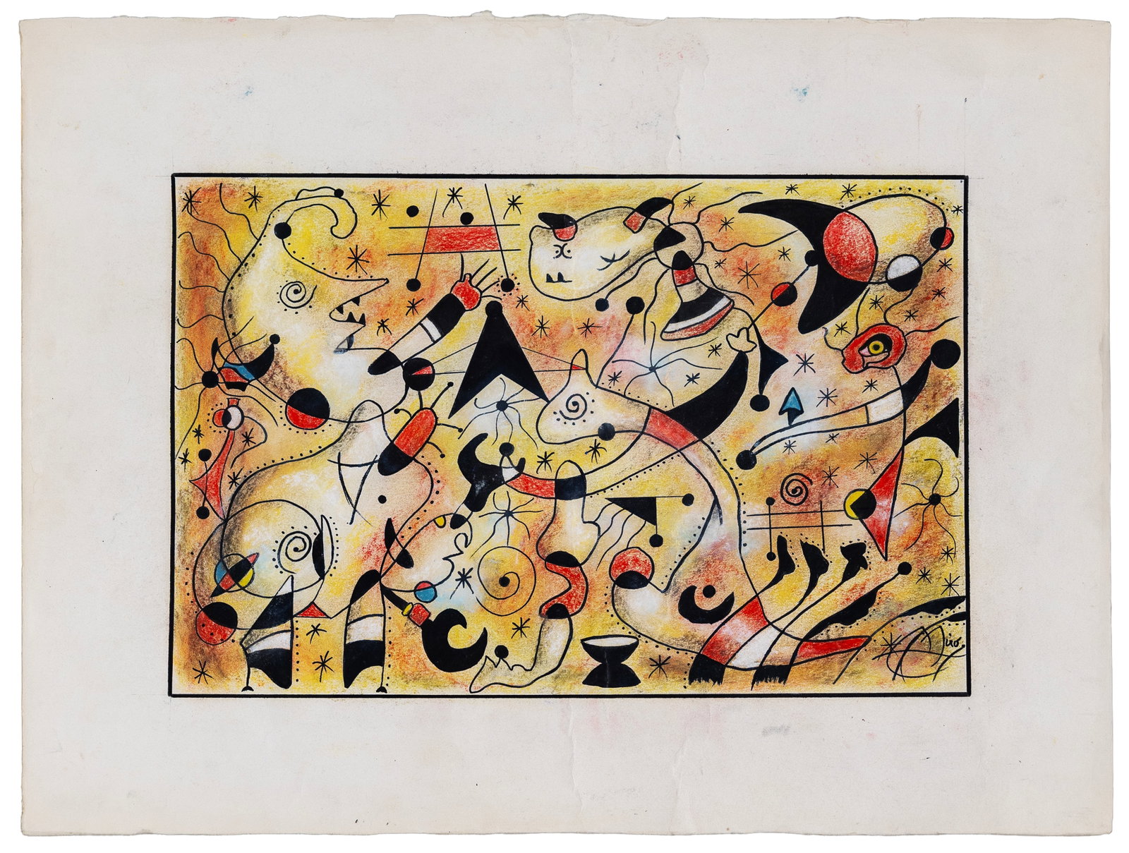 Joan Miro (Spanish) Abstract Composition, Mixed Media on Paper: Artist, Year, Title: Joan Miro (Spanish, 1893-1983), Abstract Composition Origin: Spain Medium: Ink, pen, and mixed media on paper Dimensions: 23" x 30"