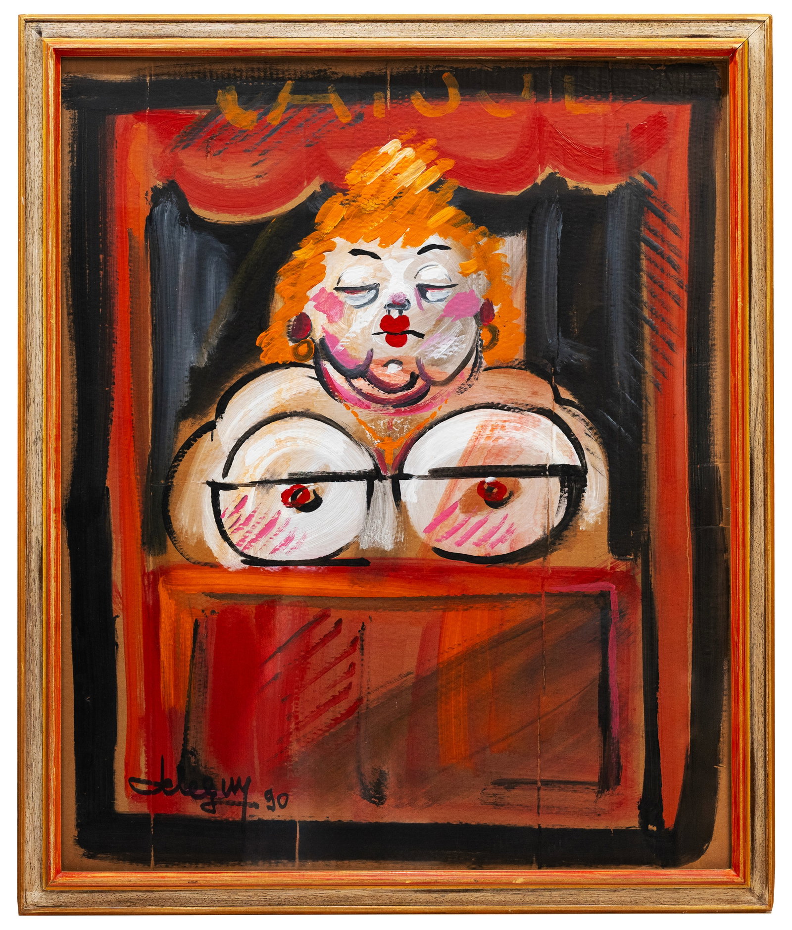 Sign Deleguy, Moulin Rouge Style Cabaret Figure, 1990: Artist, Year, Title: Deleguy, Moulin Rouge Style Cabaret Figure, 1990 Origin: Possibly European Medium: Oil on Cardboard Dimensions: 29 x 35 in., framed