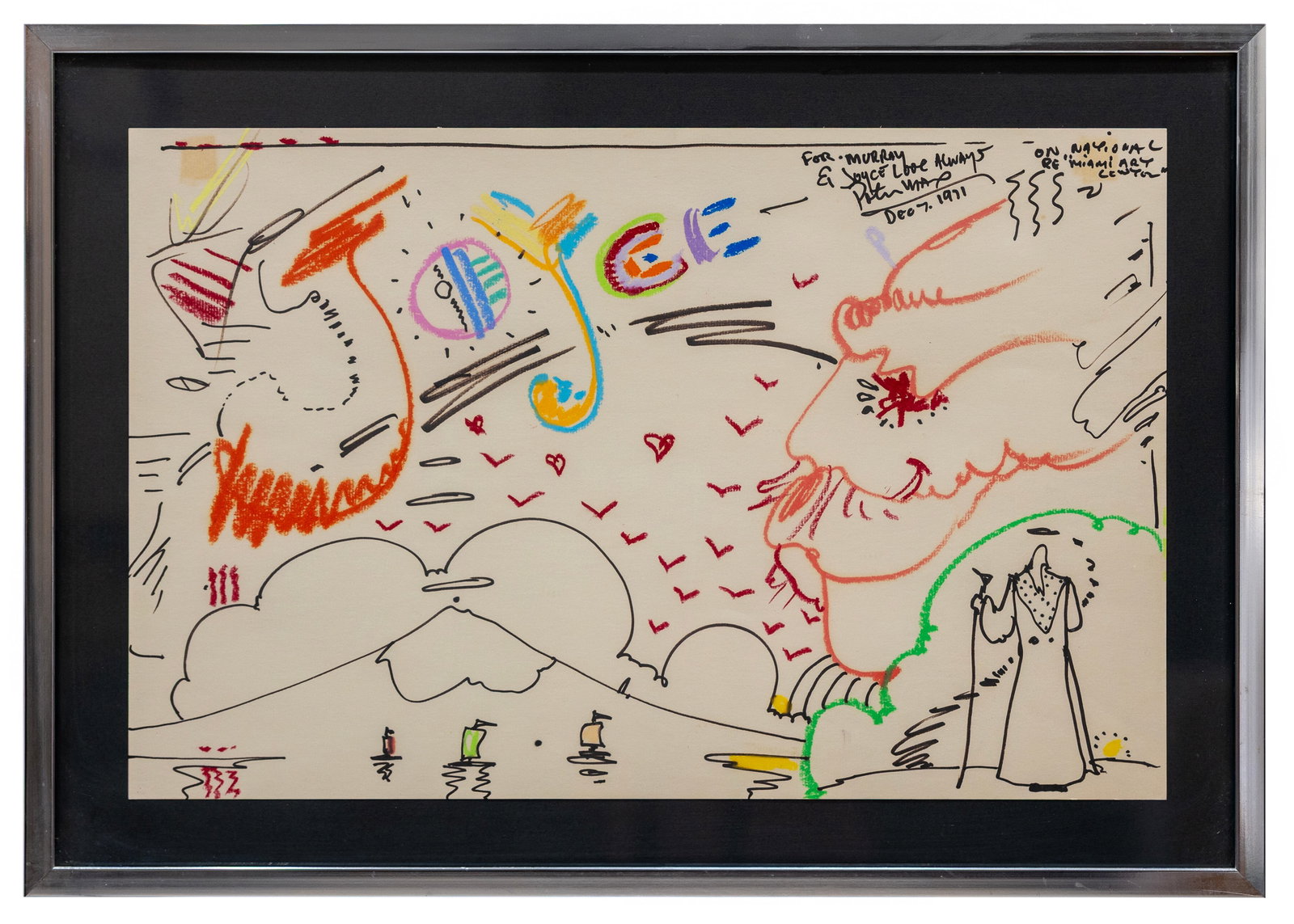 Peter Max (German-American, b. 1937) Joyce 1971, Mixed Media on Paper: Artist, Year, Title: Peter Max (German-American, b. 1937) Joyce 1971, Mixed Media on Paper Date: December 7, 1971 Medium: Colored wax crayon and ink on paper Dimensions:<
