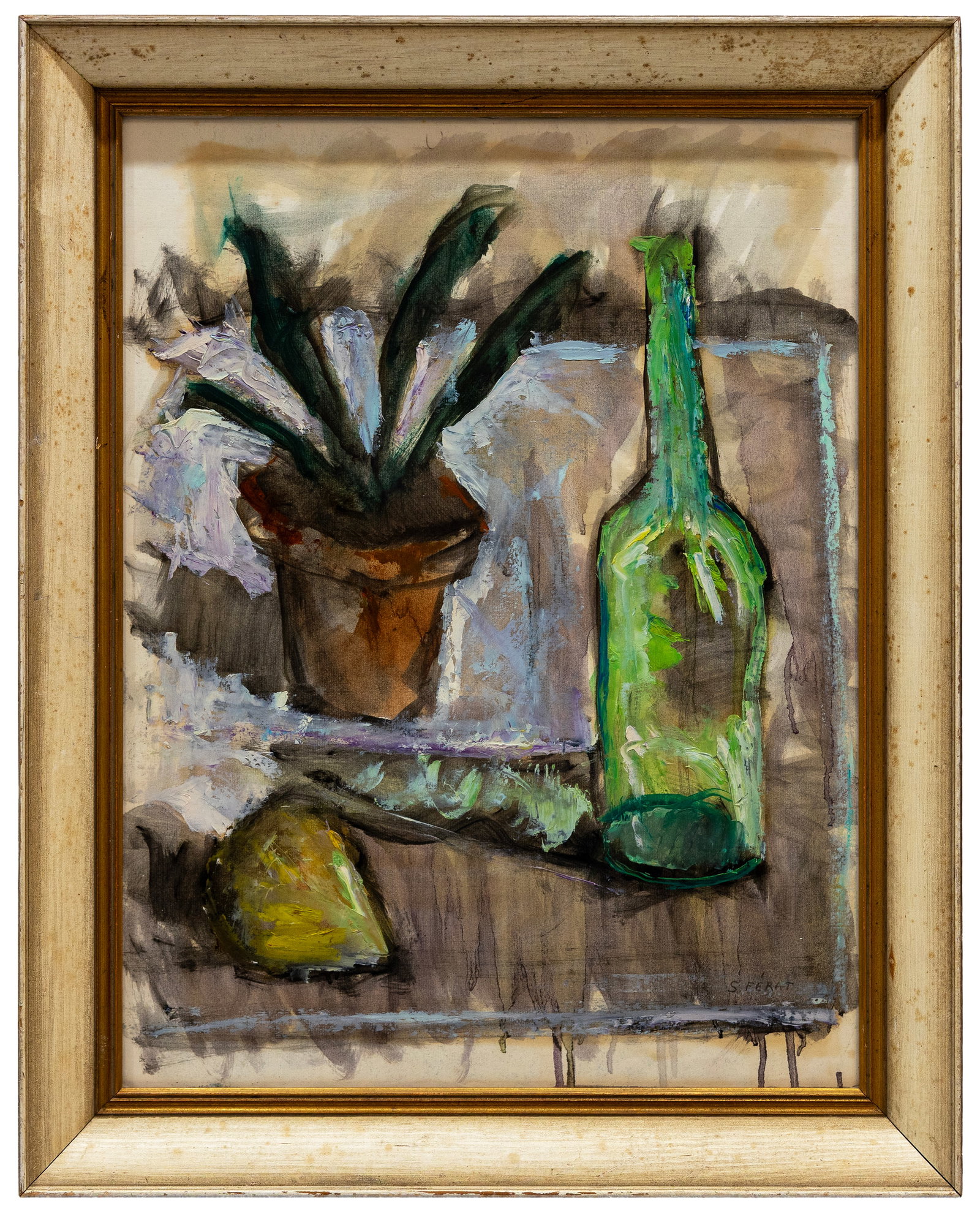 Serge Ferat (Russian-French) Green Bottle & Potted Plant, Oil on board: Artist, Title, Year: Serge F?rat (Russian-French, 1881?1958), Still Life with Green Bottle and Potted Plant Medium: Oil on board Dimensions: With frame: 28 x 22 in. Without frame: 24 x