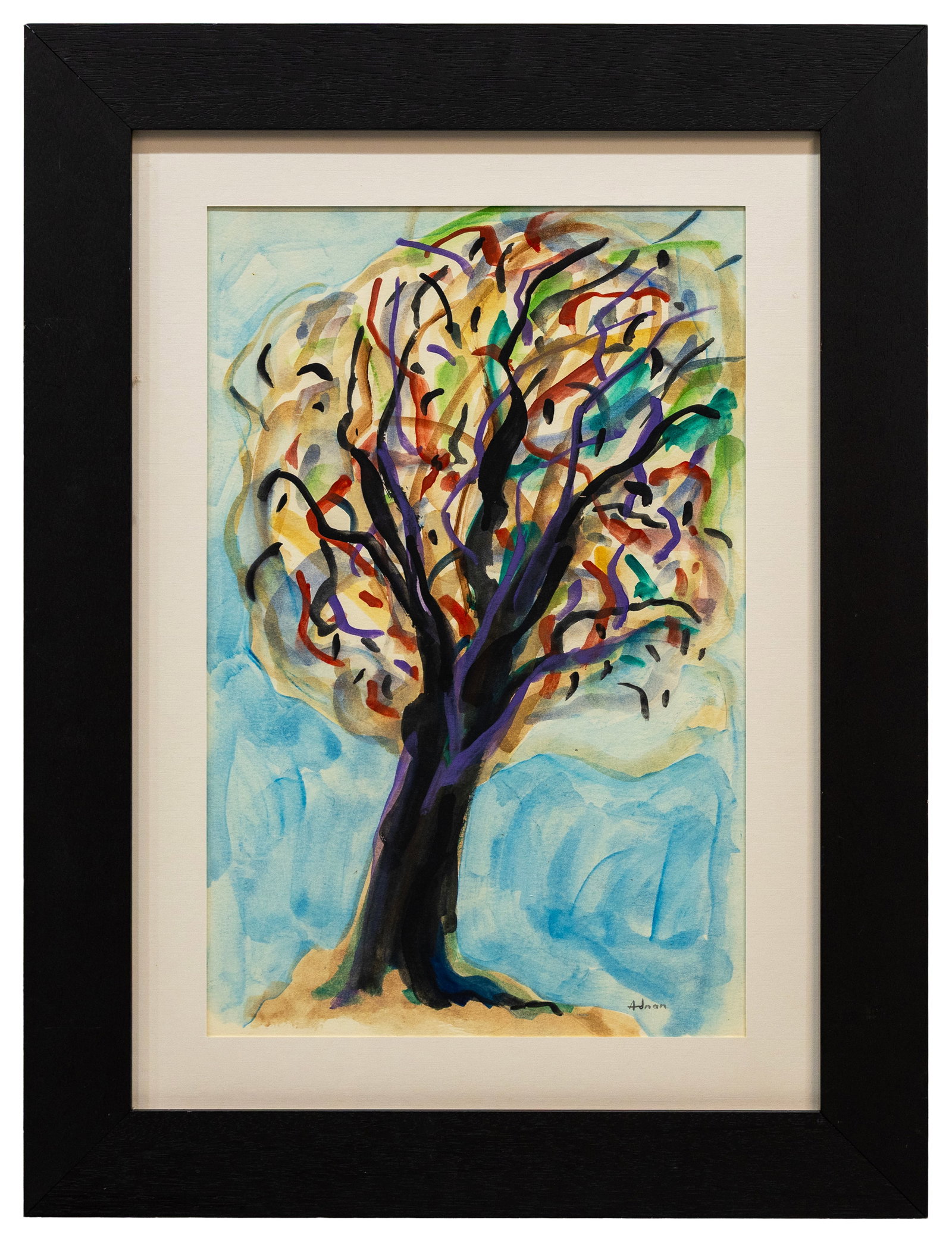 Etel Adnan (Lebanese-American) Tree Composition, Gouache on Paper: Artist, Year, Title: Etel Adnan (Lebanese-American, 1925-2021), Untitled Tree Composition Medium: Gouache on Paper Dimensions: With Frame: 19.5 x 26 in. Sight Size: 12 x 18.5 in.