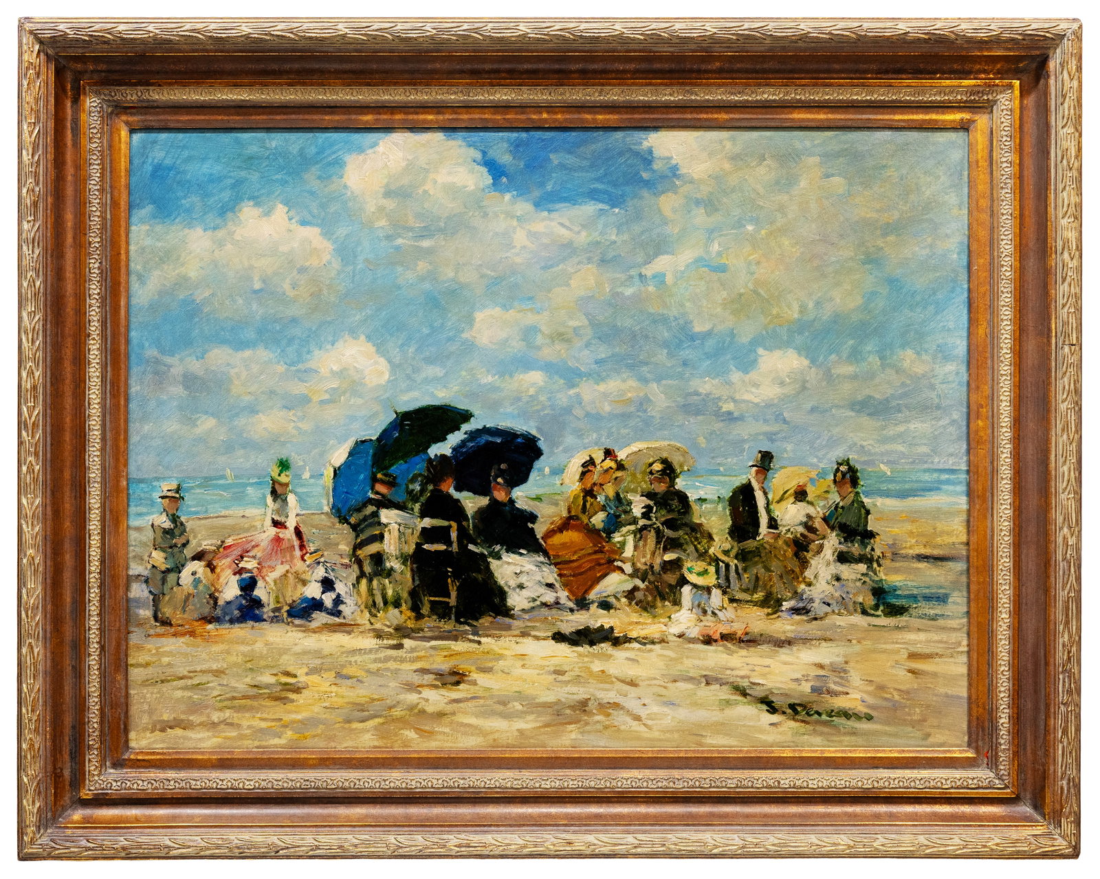 Jacques Deveau (French, b. 1937) Beach Scene, Oil on Canvas: Artist, Year, Title: Jacques Deveau (French, b. 1937), Beach Scene, Trouville, France Medium: Oil on Canvas Dimensions: Framed 43.5" ? 30.5" Provenance: Private