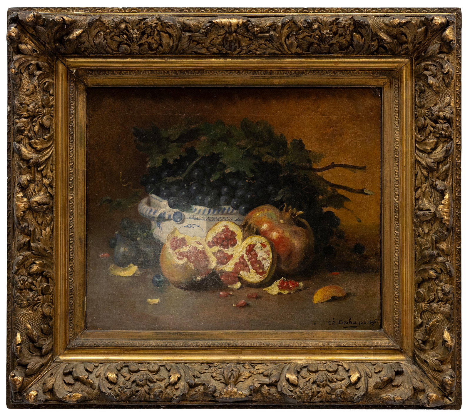Charles Felix Edouard Deshayes (French, 1831-1905) Still Life with Grapes & Pomegranates, 1895: Artist, Year, Title: Charles Félix Édouard Deshayes (French, 1831–1895), Still Life with Grapes and Pomegranates, 1895 Origin: France Medium: Oil on canvas