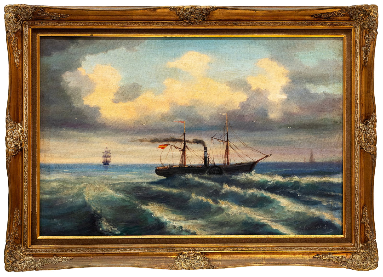 Attr to Alexey Bogolyubov (Russian), Marine Scene with Steamship, Oil on Canvas: Artist, Year, Title: Attr to Alexey Petrovich Bogolyubov (Russian, 1824-1896), Marine Scene with Steamship Medium: Oil on canvas. Dimensions: 33 x 45 in. with frame; 24 x 36 in. withou