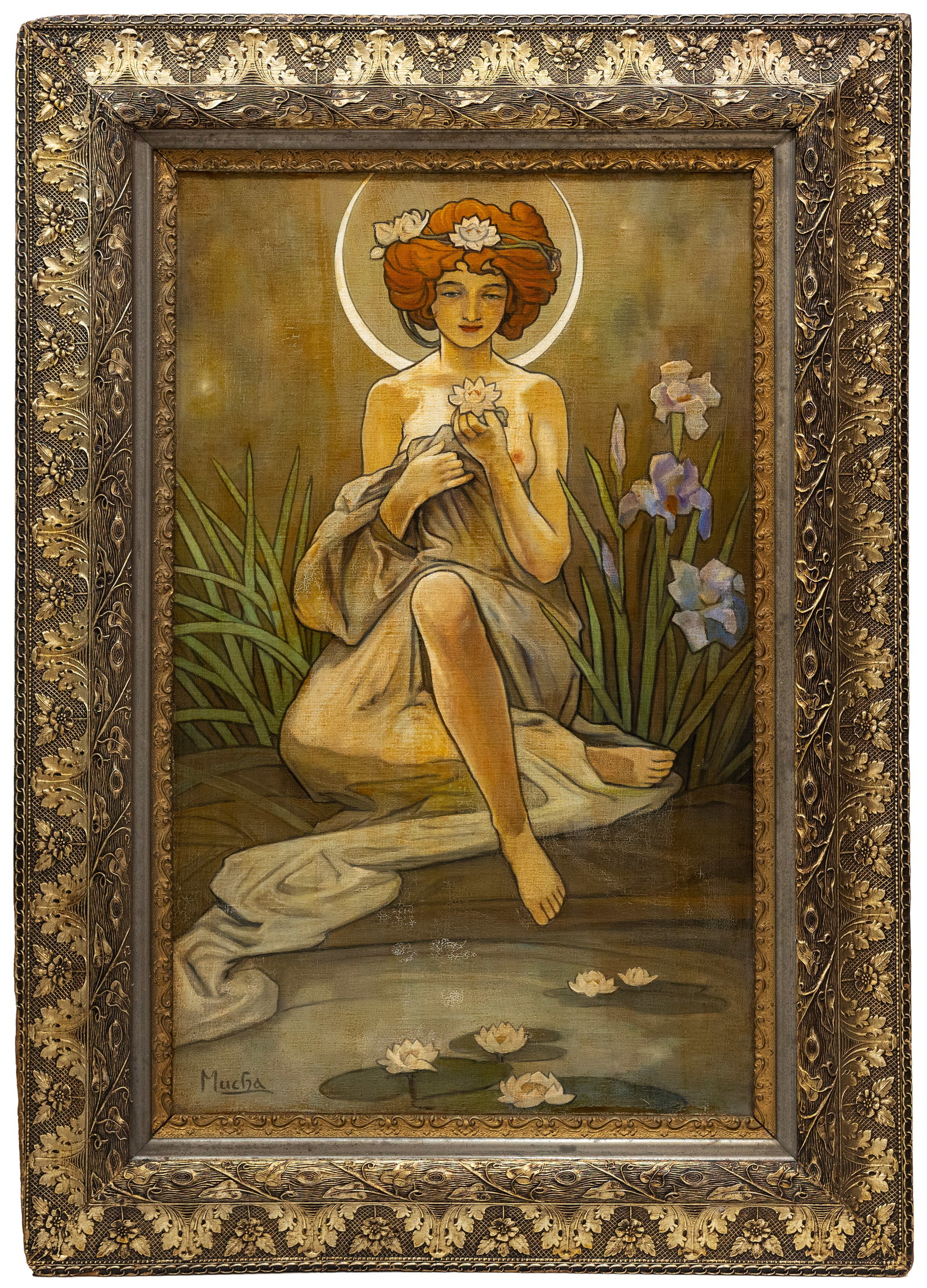 After Alphonse Mucha (Czech, 1860-1939) "Water Lily", Oil on Canvas (1 of 4)