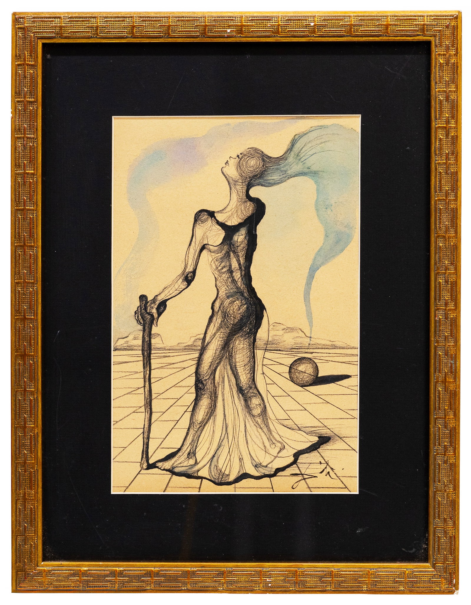 Salvador Dali (Spanish, 1904-1989) Surreal Female Figure, Mixed Media on Card: Artist, Year, Title: Salvador Dali (Spanish, 1904-1989), Surreal Female Figure Composition Medium: Mixed Media on Card Dimensions: 13" x 16.5" with frame. Provenance: