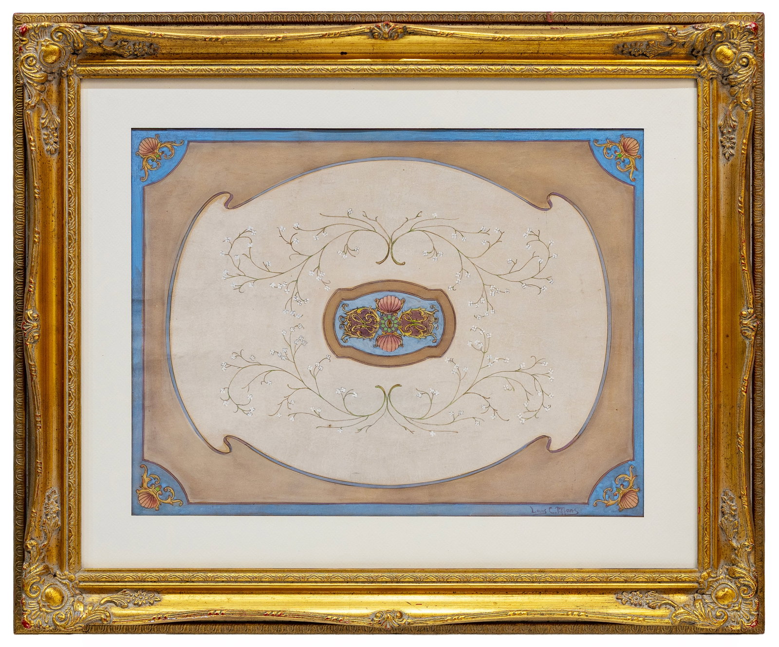 Louis Comfort Tiffany (American, 1848 - 1933) Art Nouveau Floral Design, Oil on Cardboard: Artist, Year, Title: Louis Comfort Tiffany (American, 1848-1933), Art Nouveau Decorative Floral Design Medium: Oil on Cardboard Dimensions: 26" x 22" with frame. Provenan