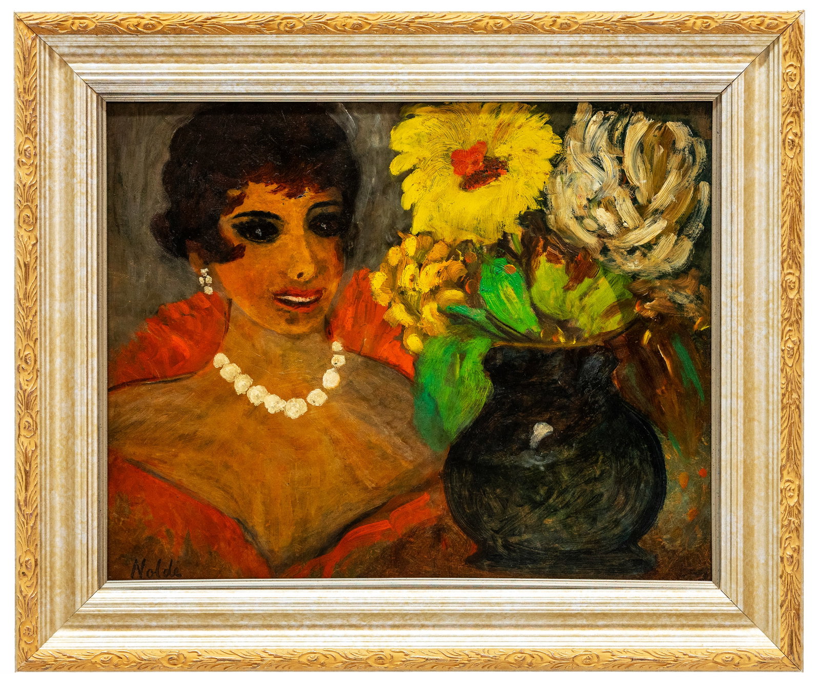 Emil Nolde (German) Woman with Flowers, Oil on Wood Panel: Artist, Title, Year: Emil Nolde (German, 1867?1956) Woman with Flowers Medium: Oil on Panel Dimensions: Framed 25" x 21". Provenance: Private collection, United