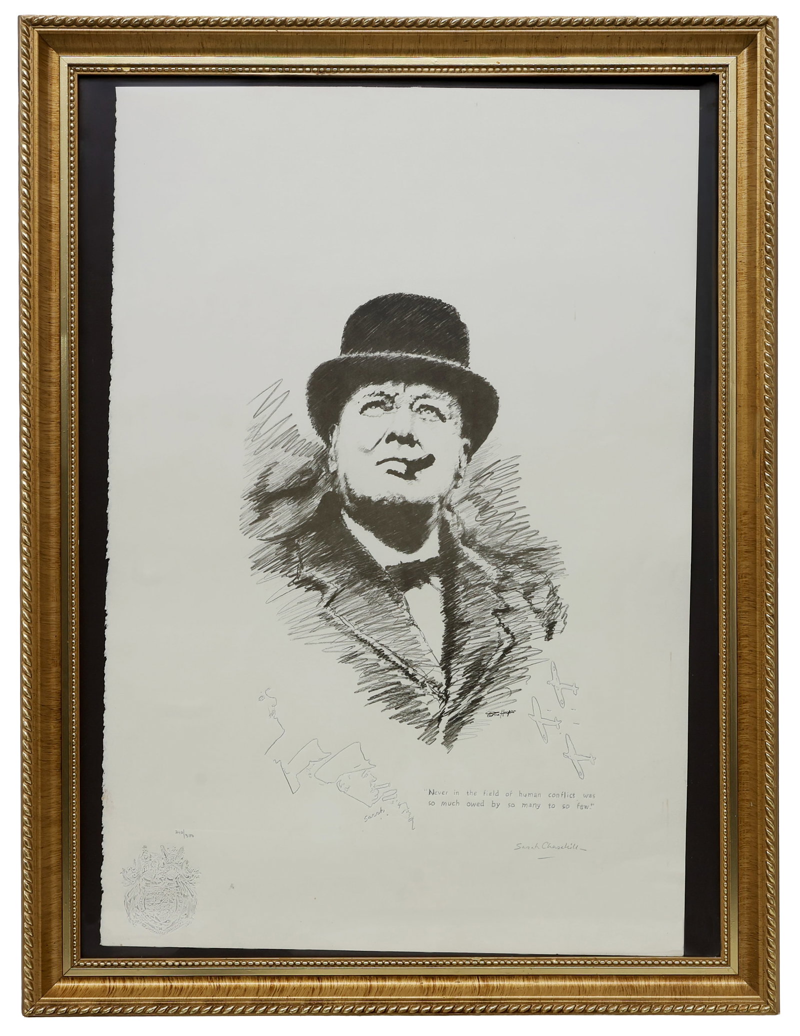 Winston Churchill. Signed by Sarah Churchill. Ltd 240/300 Embossed Lithograph by Curtis Hooper: Artist, Year, Title: Curtis Hooper (British), Winston Churchill, Year unknown Origin: United Kingdom Medium: Embossed lithograph on paper Dimensions: 23" x 34" w