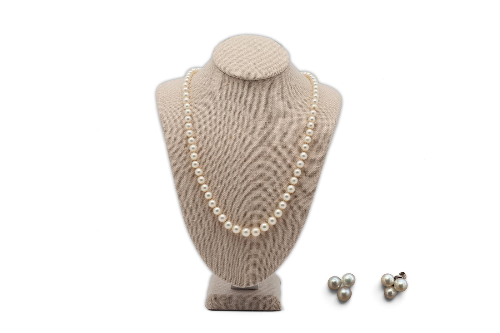 Vintage Mikimoto Cultured Pearl Necklace & Earrings Set, Sterling Silver: Title: Vintage Mikimoto Cultured Pearl Necklace & Earrings Set, Sterling Silver Maker: Mikimoto Origin: Japan Material: Cultured pearls, sterling silver <