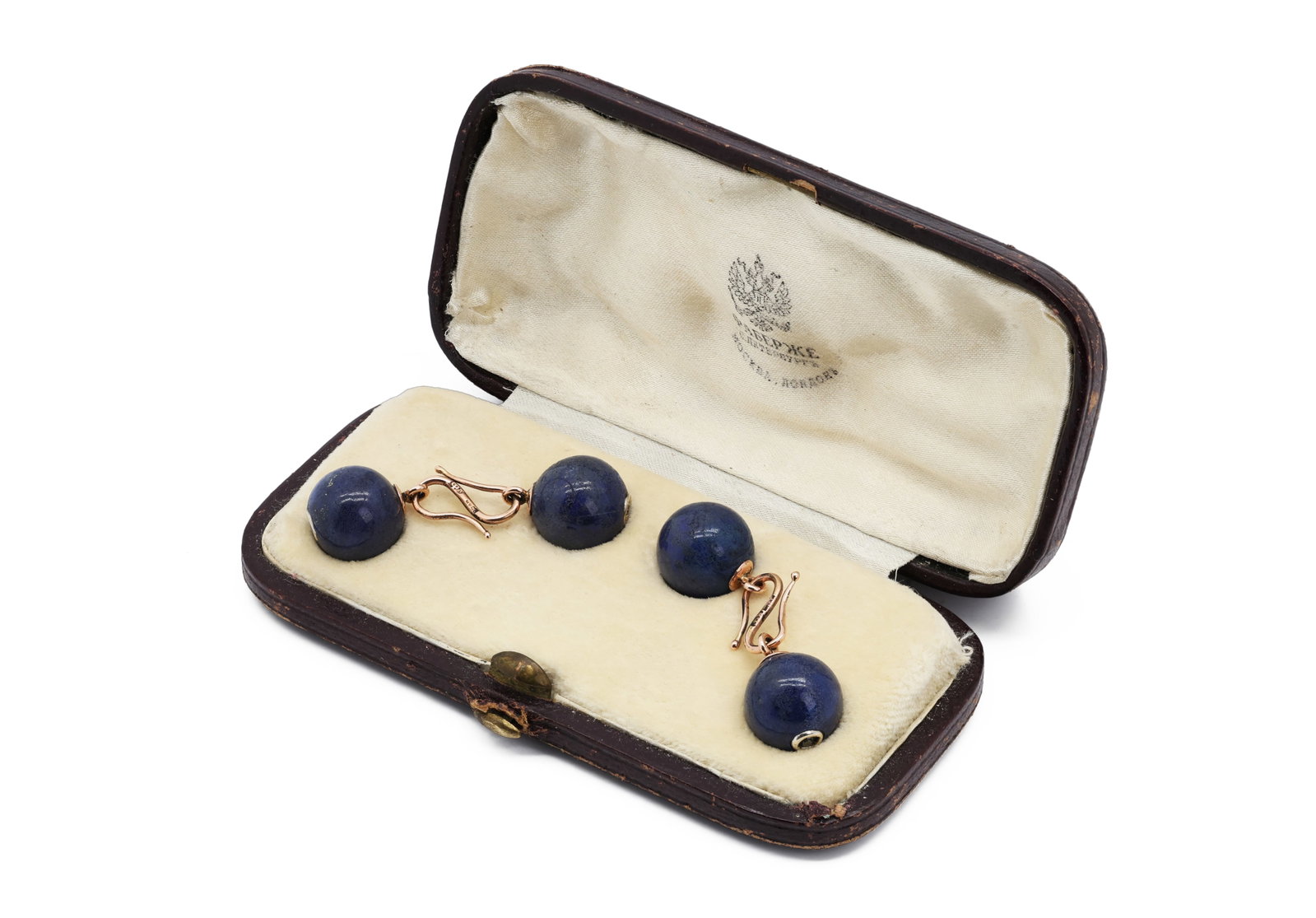 Faberge Era Russian 14K Gold, Diamond & Lapis Lazuli Cufflinks: Title: Faberge Era Russian 14K Gold, Diamond & Lapis Lazuli Cufflinks Material: 14K Rose Gold, Lapis Lazuli, Diamonds Dimensions: 4.5 x 1.25 in. Weight: 13.03 g<