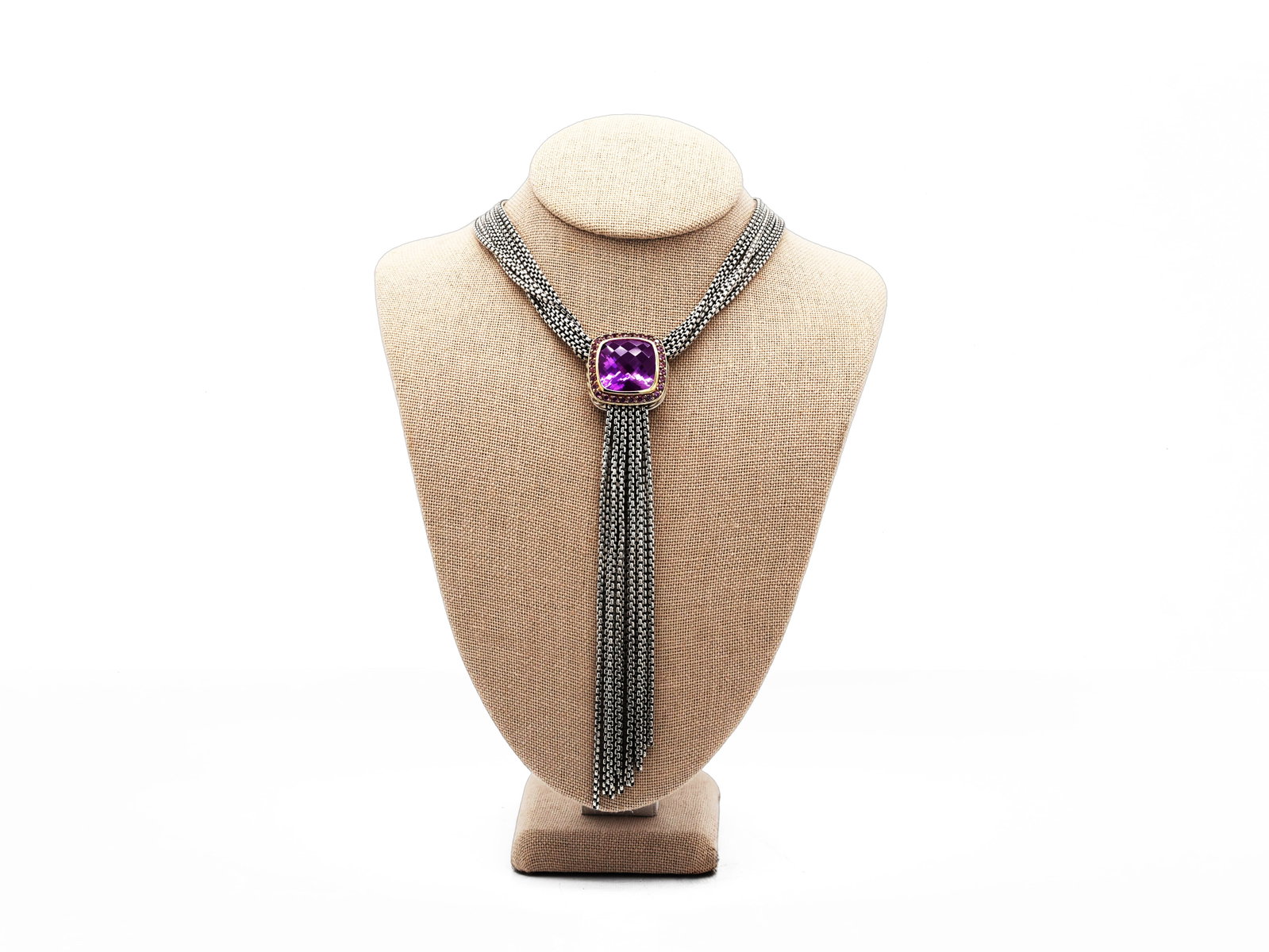 David Yurman Amethyst Tassel Lariat Necklace Sterling Silver & 18K Gold: Brand: David Yurman Materials: Sterling Silver (925), 18K Yellow Gold (750), Amethyst Weight: 61.35 g Length: 15 in Additional Information: