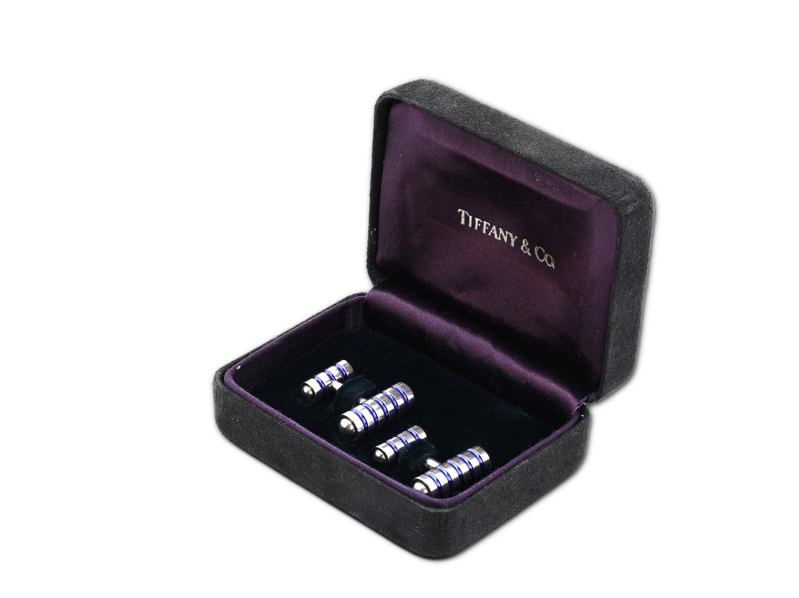 Tiffany & Co. Paloma Picasso Sterling Silver & Blue Enamel Barrel Cufflinks: Brand: Tiffany & Co. Designer: Paloma Picasso Metal: Sterling Silver (.925) Weight: 19.03 g Dimensions: Each barrel measures 23.6 mm long