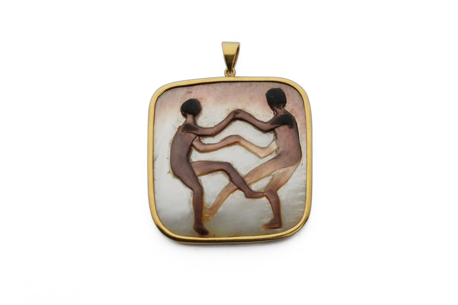 18K Gold Mother-of-Pearl Gemini Zodiac Pendant: Title: 18K Gold Mother-of-Pearl Gemini Zodiac Pendant Material: 18K Yellow Gold (750) and Mother-of-Pearl Weight: 22.57 g Dimensions: 1.8 x 2 in. H